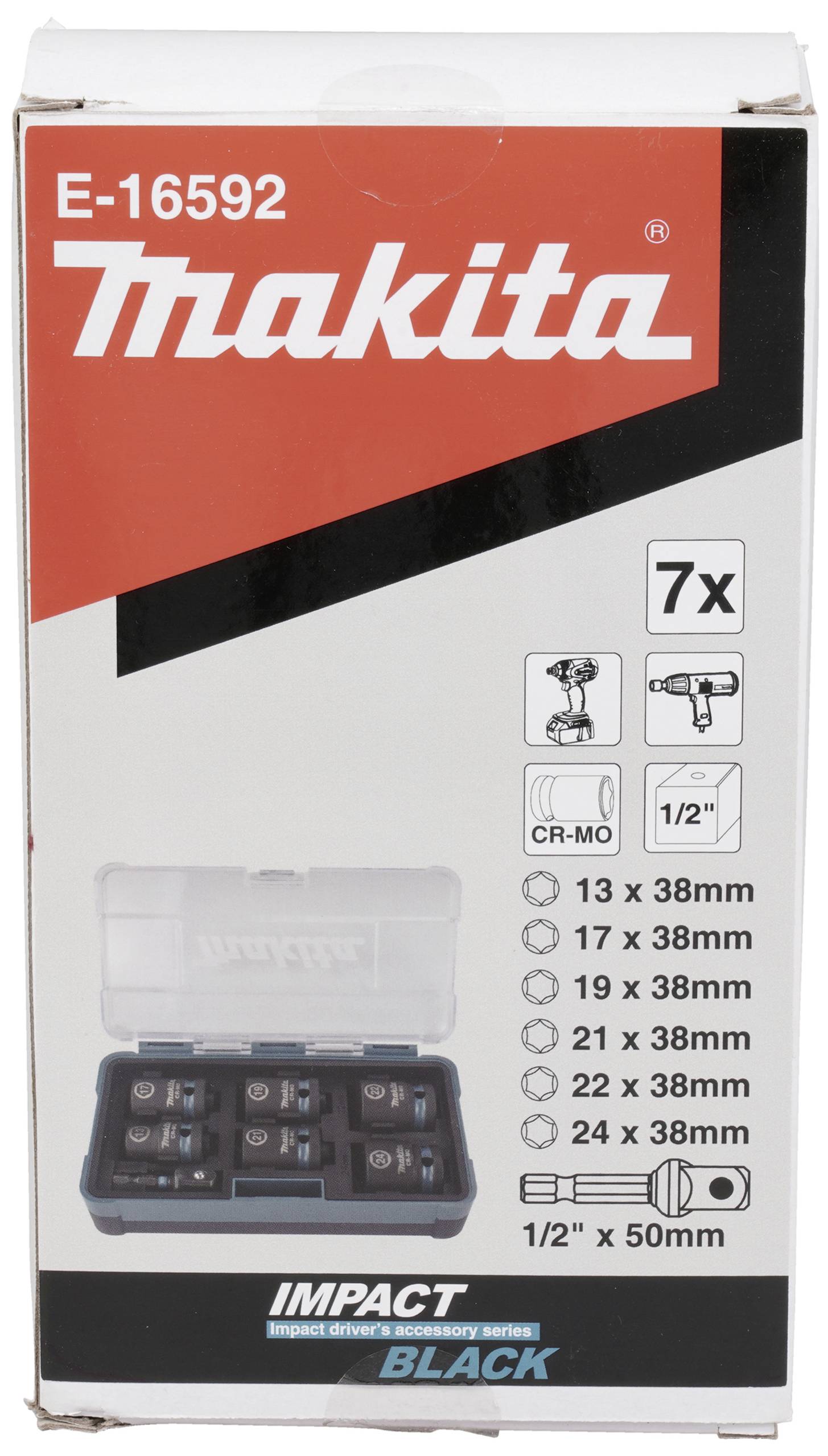 Makita Werkzeug-Set E-16592, enthält 7 Teile: verschiedene Stecknüsse (13-24 mm) und ein ½ Zoll Adapter, in einer Box.