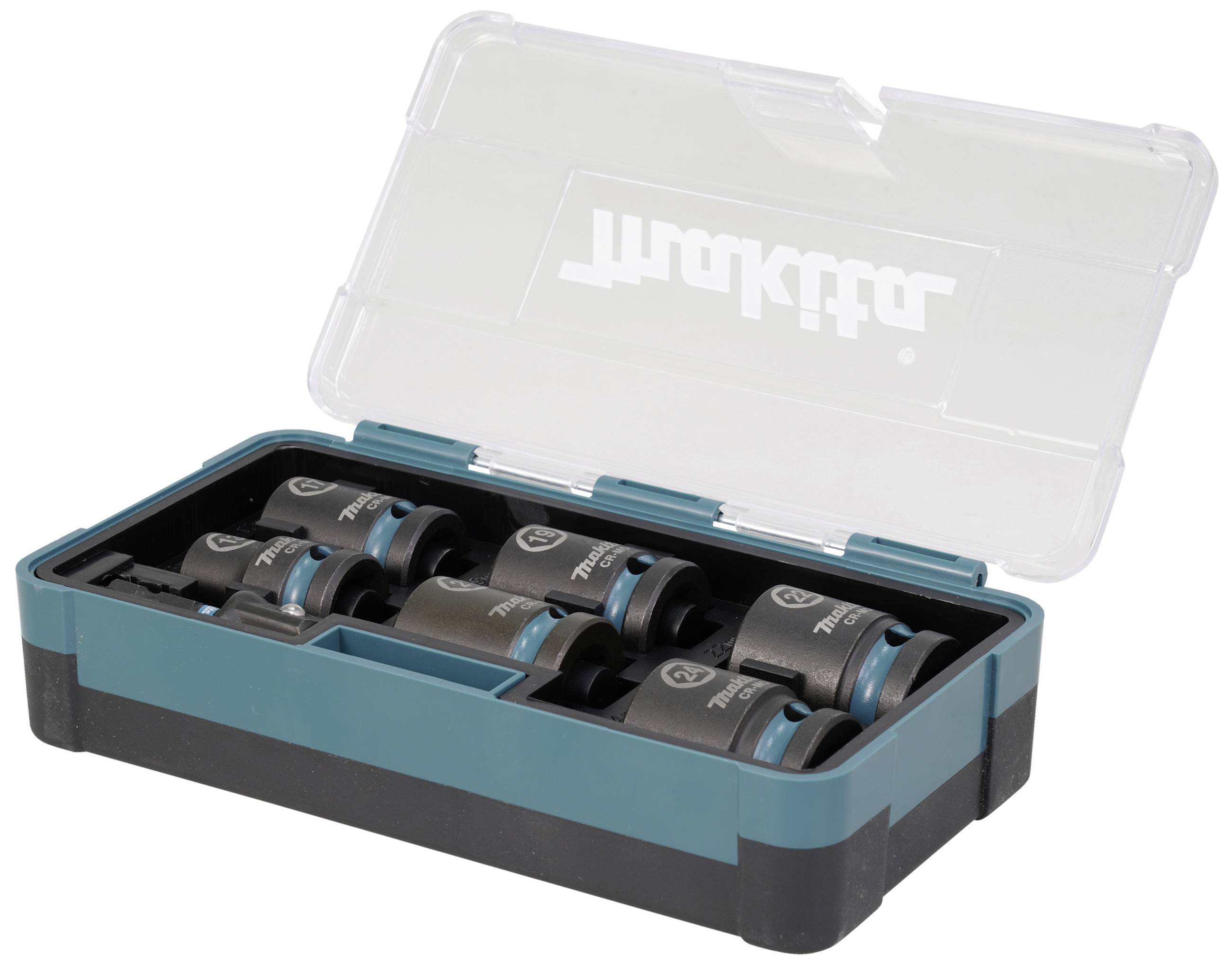 'Makita' Steckschlüssel-Set in einer offenen Plastikbox. Enthält mehrere Stecknüsse, gestapelt und gut organisiert für einfache Nutzung.