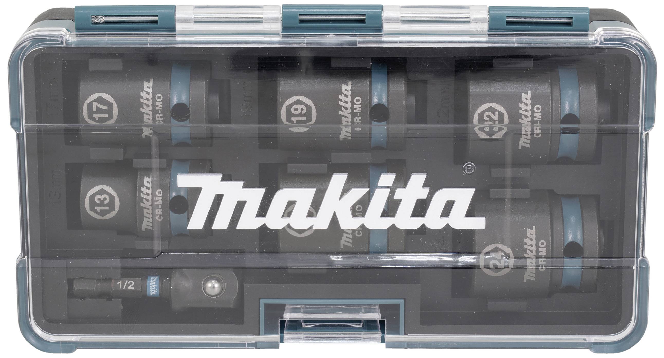 Satz Stecknüsse von Makita in einer durchsichtigen Aufbewahrungsbox. Enthält verschiedene Größen von 13 bis 24 mm und einen Adapter.