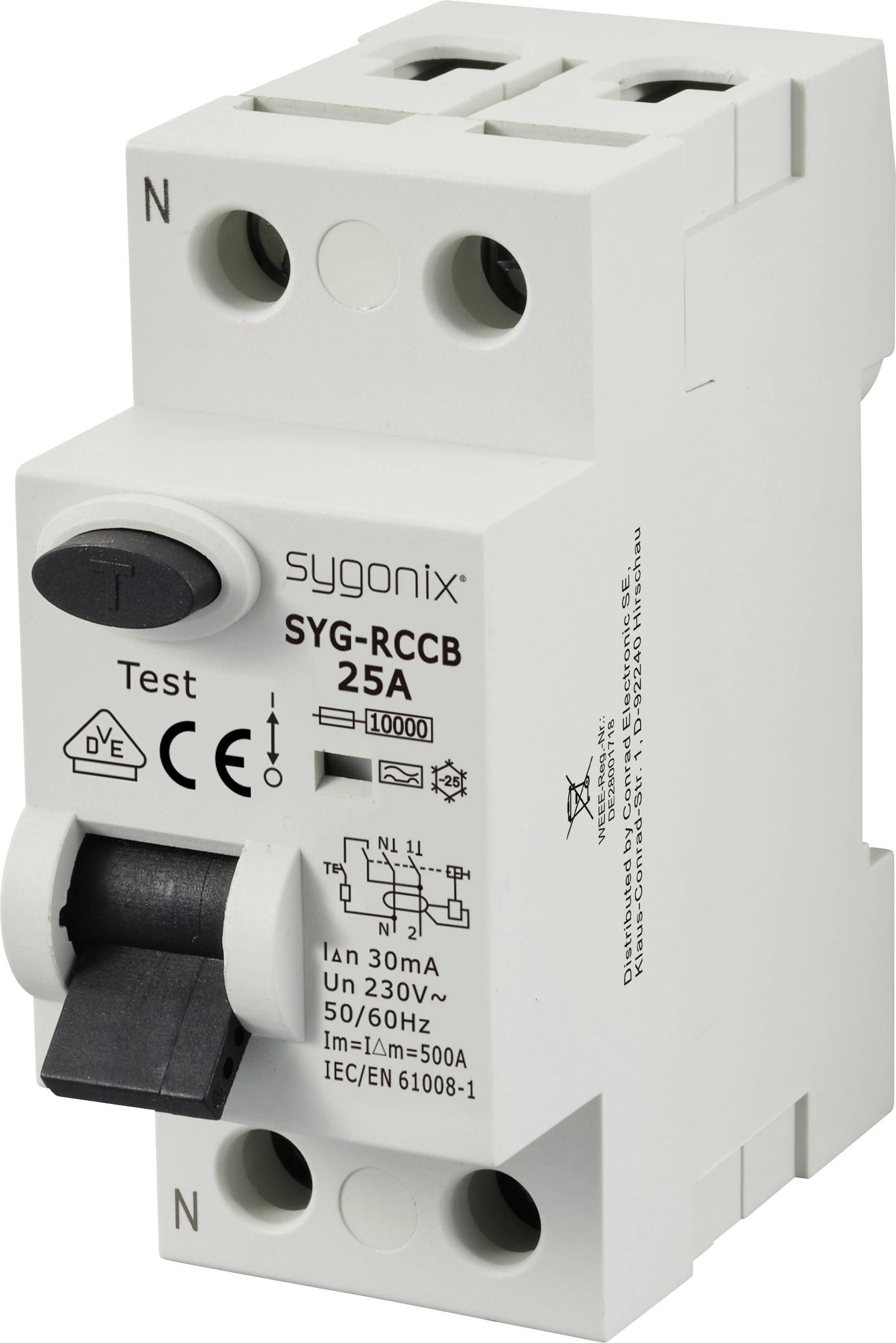 Fehlerstrom-Schutzschalter SYG-RCCB 25A, 230V, 50/60Hz, 30mA. Zugelassen nach IEC/EN 61008-1. Weiße Kunststoffgehäuse mit Testknopf.