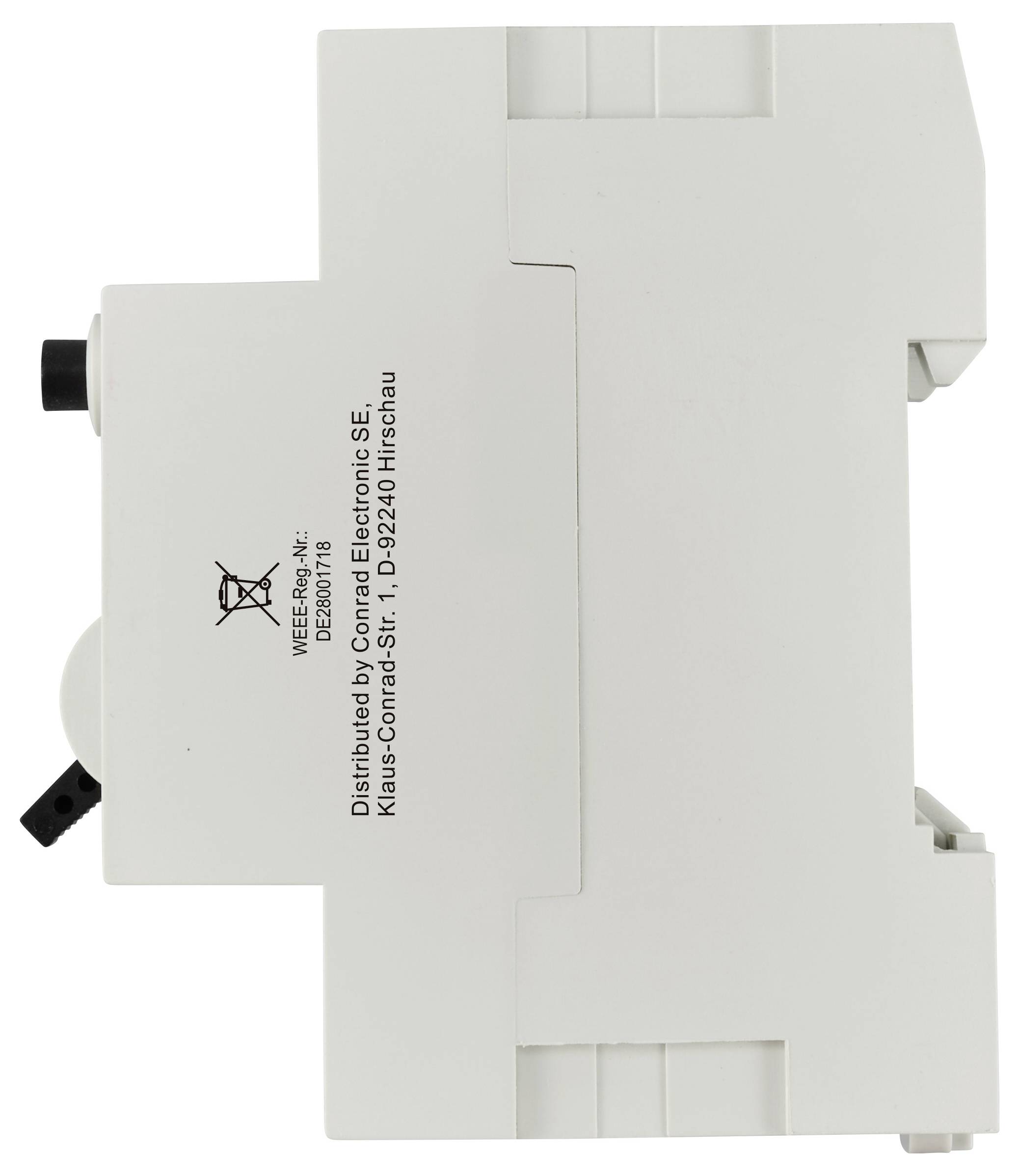 Ein weißes, elektrisches Bauteil mit dem Aufdruck 'Distributed by Conrad Electronic SE, Klaus-Conrad-Str. 1, D-92240 Hirschau'.