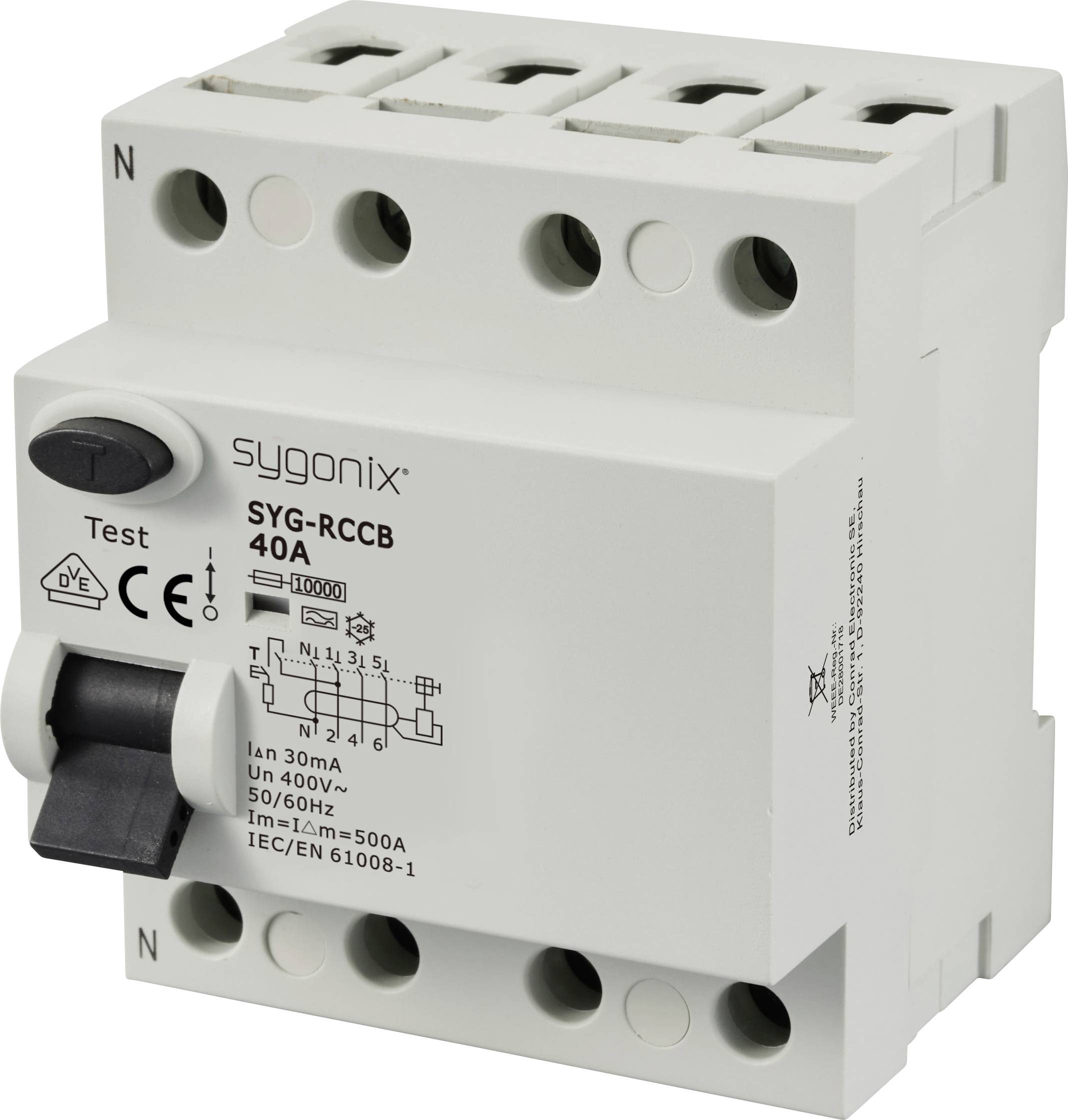 Leistungsschalter SYG-RCCB 40A von Sygonix mit vier Eingängen, Prüftaste und CE-Zertifizierung, geeignet für 400V, 50/60Hz.