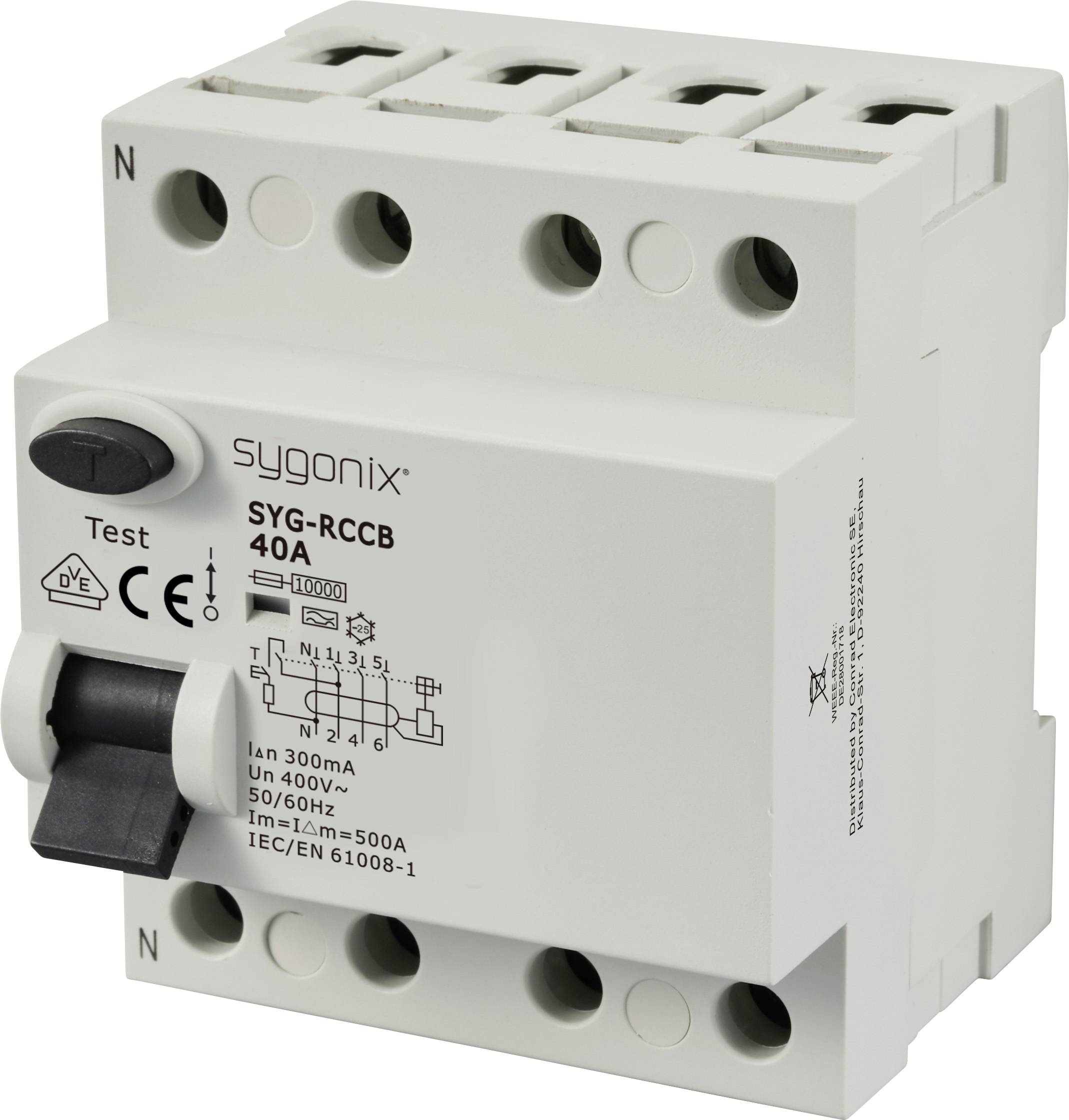 Ein Fehlerstrom-Schutzschalter (SYG-RCCB 40A) mit Testknopf, CE-Kennzeichnung und technischen Spezifikationen auf der Vorderseite.