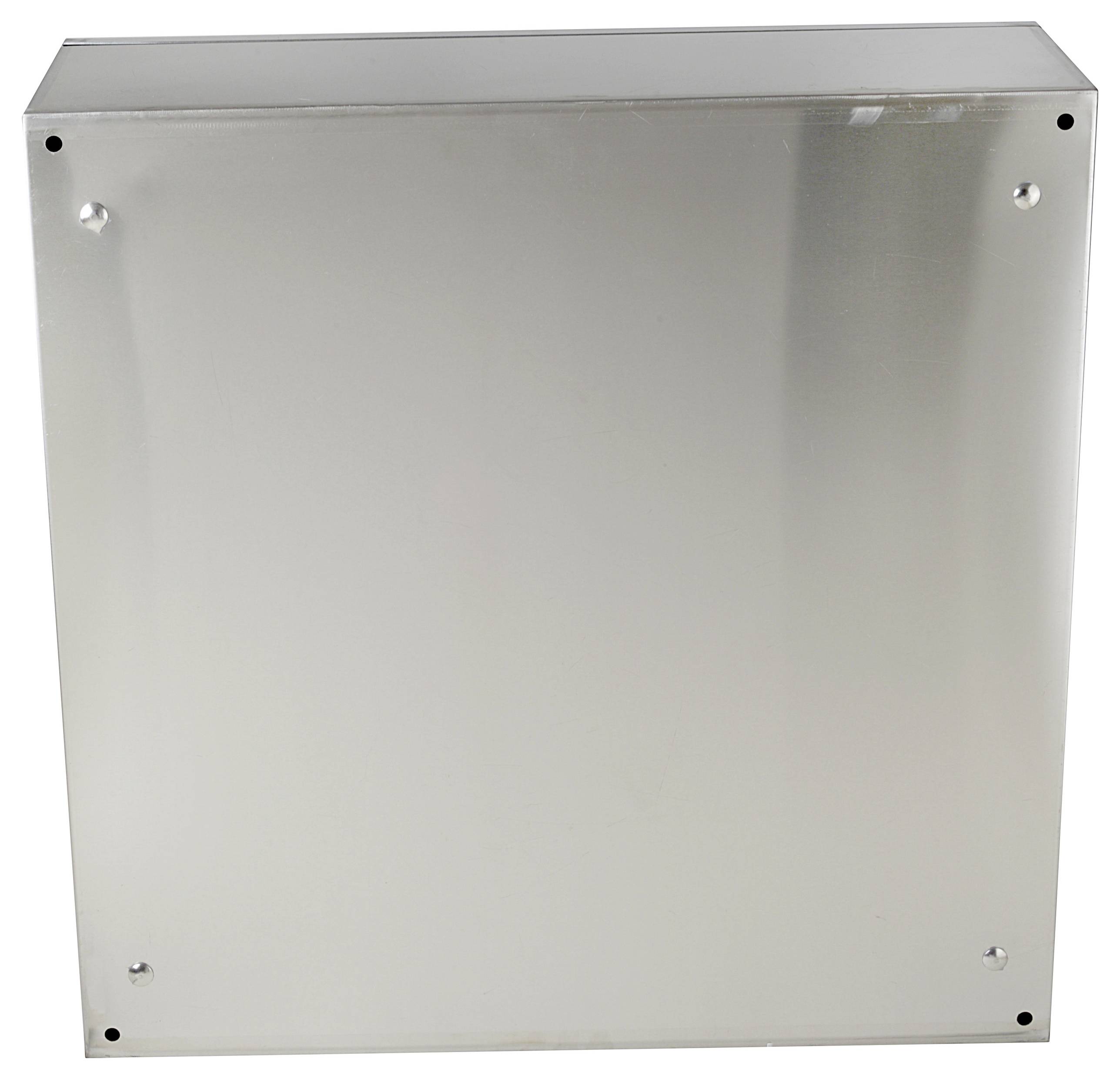 Metallisches, quadratisches Gehäuse mit vier sichtbaren Schrauben an den Ecken, glänzende Oberfläche, komplett geschlossen.