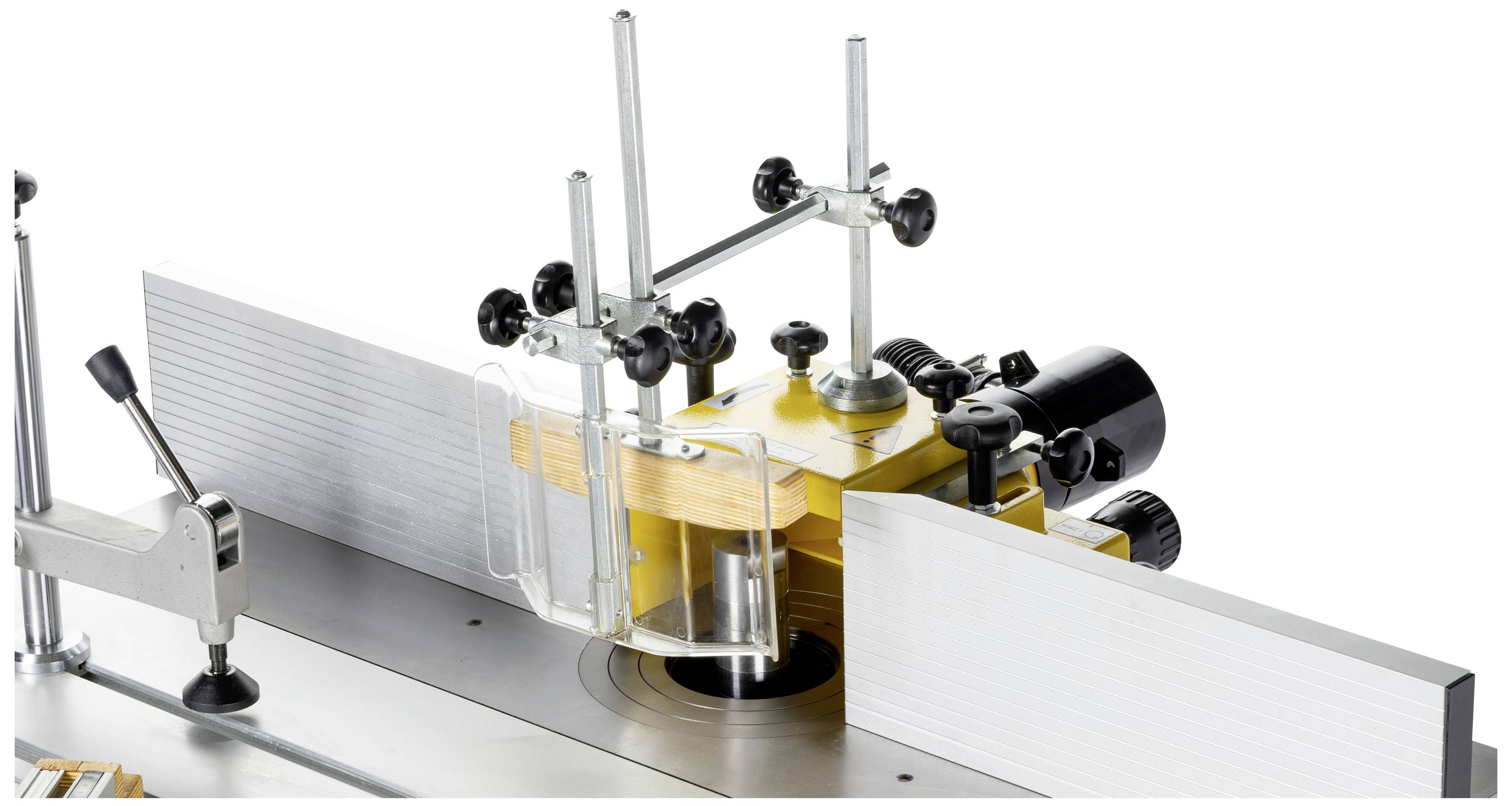 Holzbearbeitungsfräse mit gelbem Sicherheitsgehäuse und Einstellelementen; Aufsicht zeigt Bedienungsgriffe und Führungsschienen.