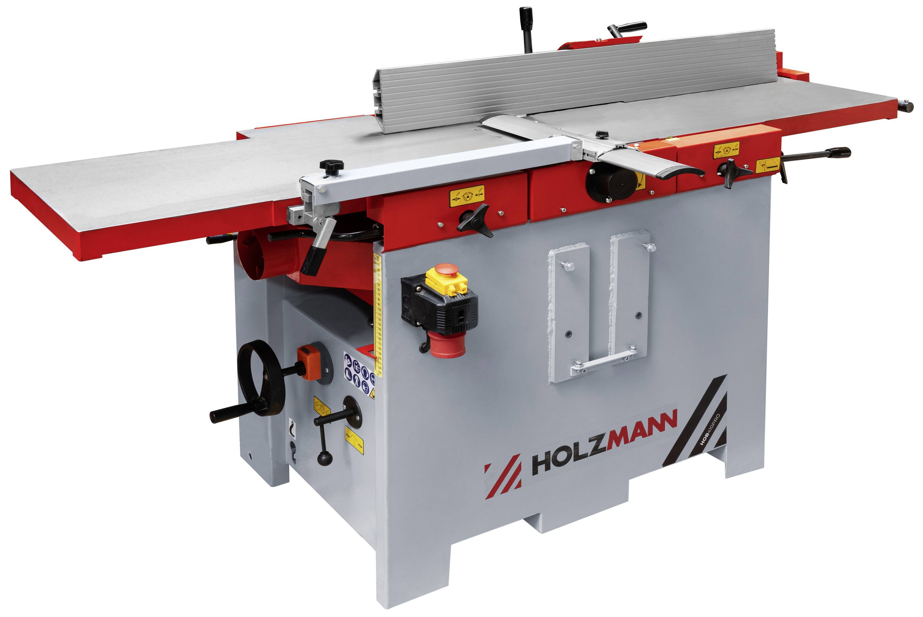 Blick auf eine Holzmann Hobelmaschine. Das Gerät hat eine rote und graue Farbgebung und ist für Holzverarbeitung ausgelegt.