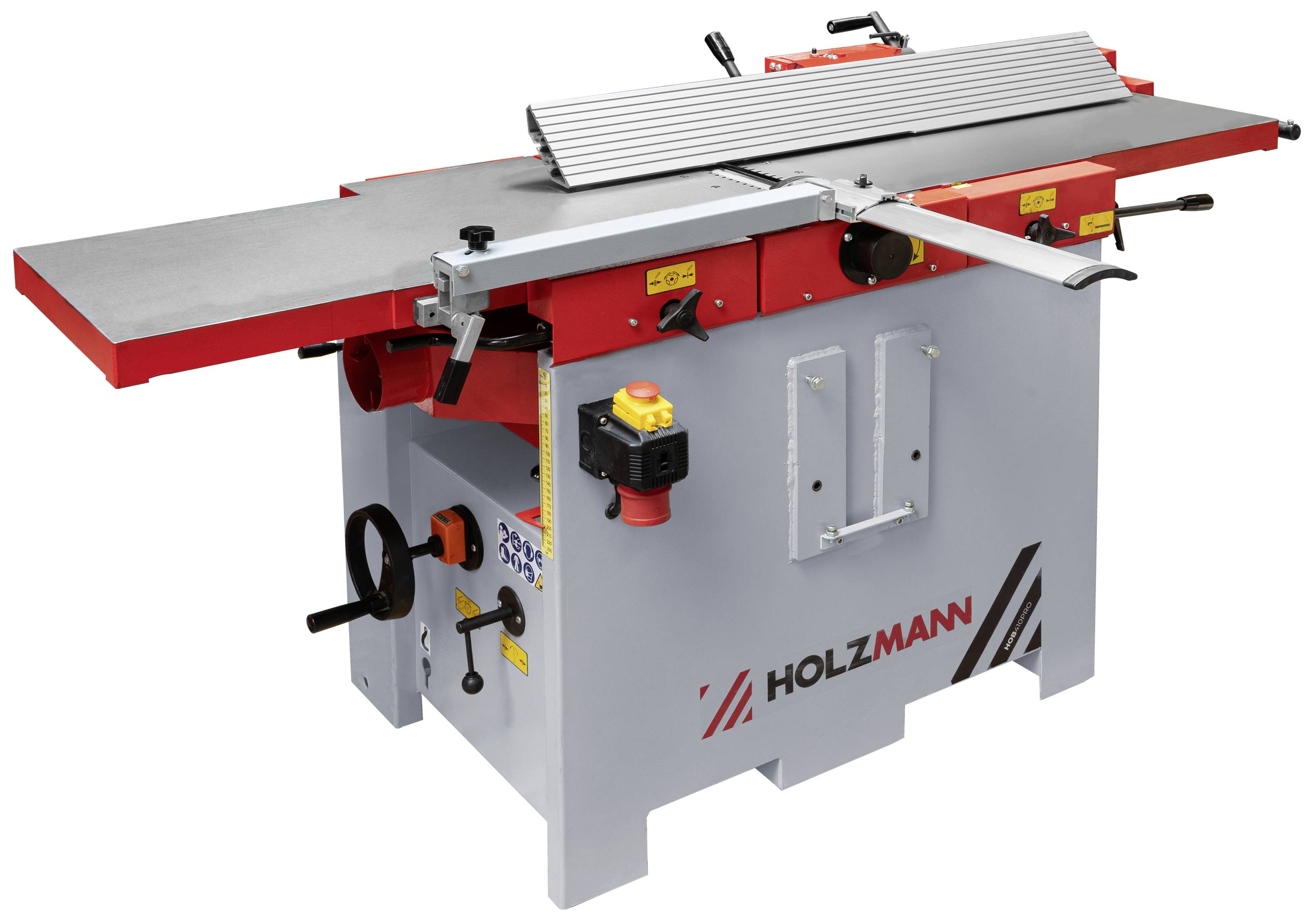 Abrichthobelmaschine mit rotem Gehäuse und silbernem Tisch. Bedienknöpfe und Hebel auf beiden Seiten, stehende Position.