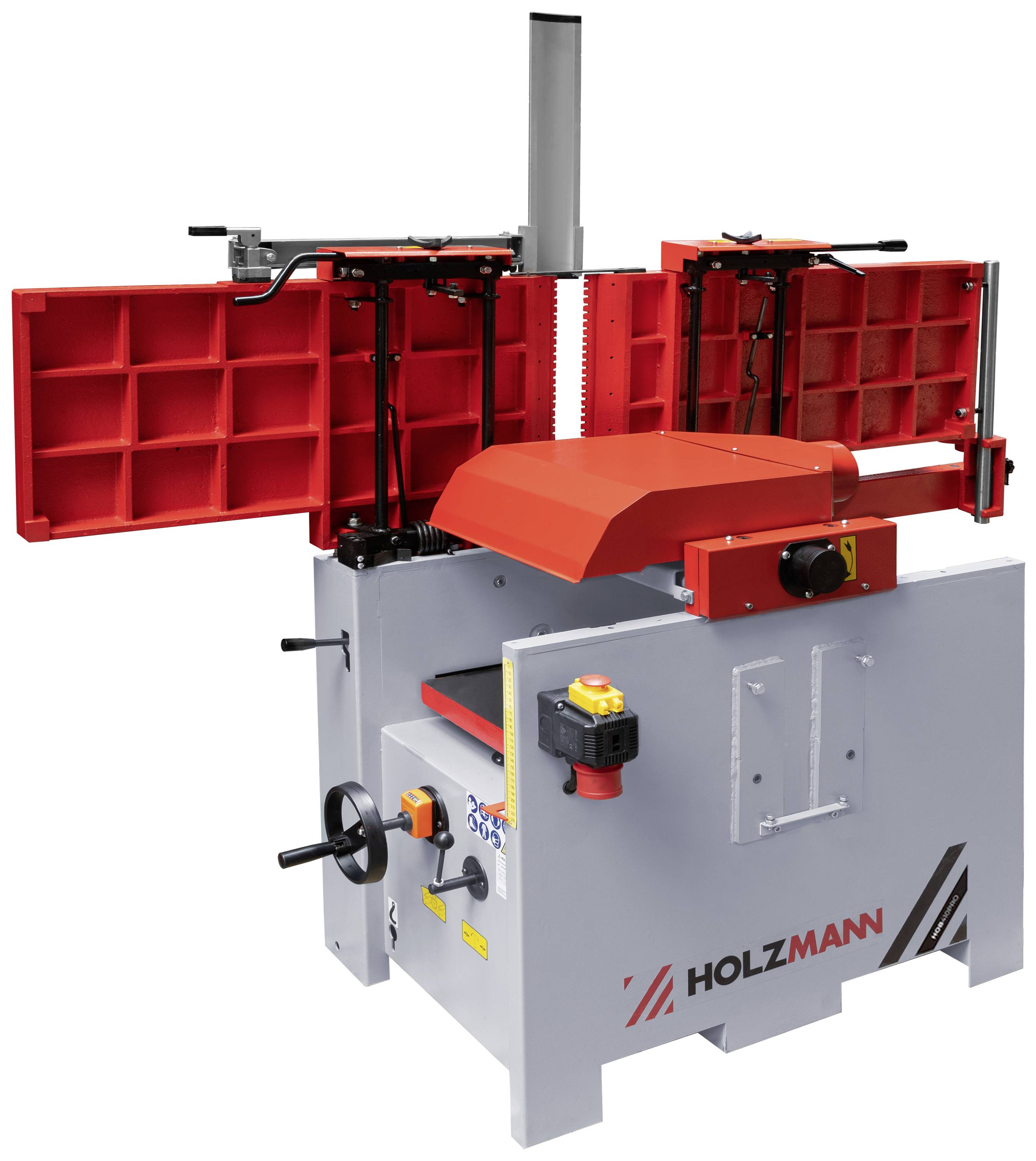 Eine Holzmann-Maschine mit rotem Gehäuse und schwarzen Bedienelementen, verwendet für Holzbearbeitungsprozesse.