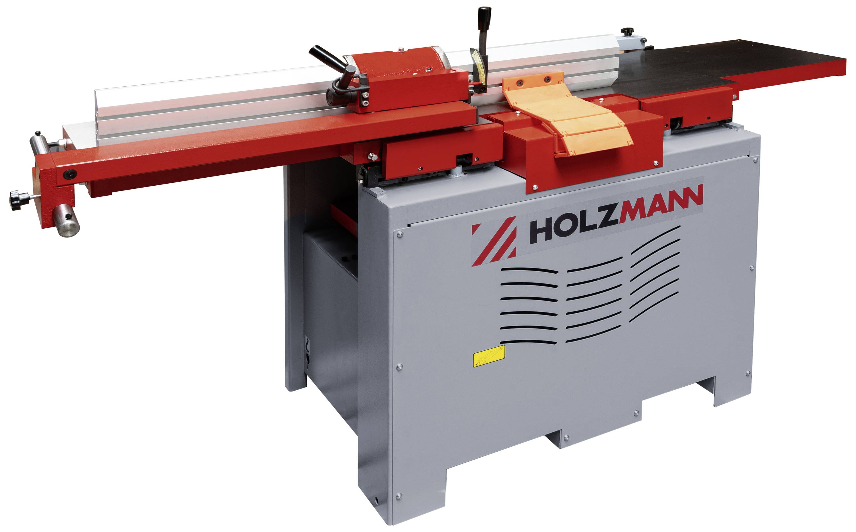 Holzbearbeitungsmaschine mit grauer Basis und rotem Tisch. Schalter und Hebel oben, Marke 'Holzmann' auf der Vorderseite sichtbar.
