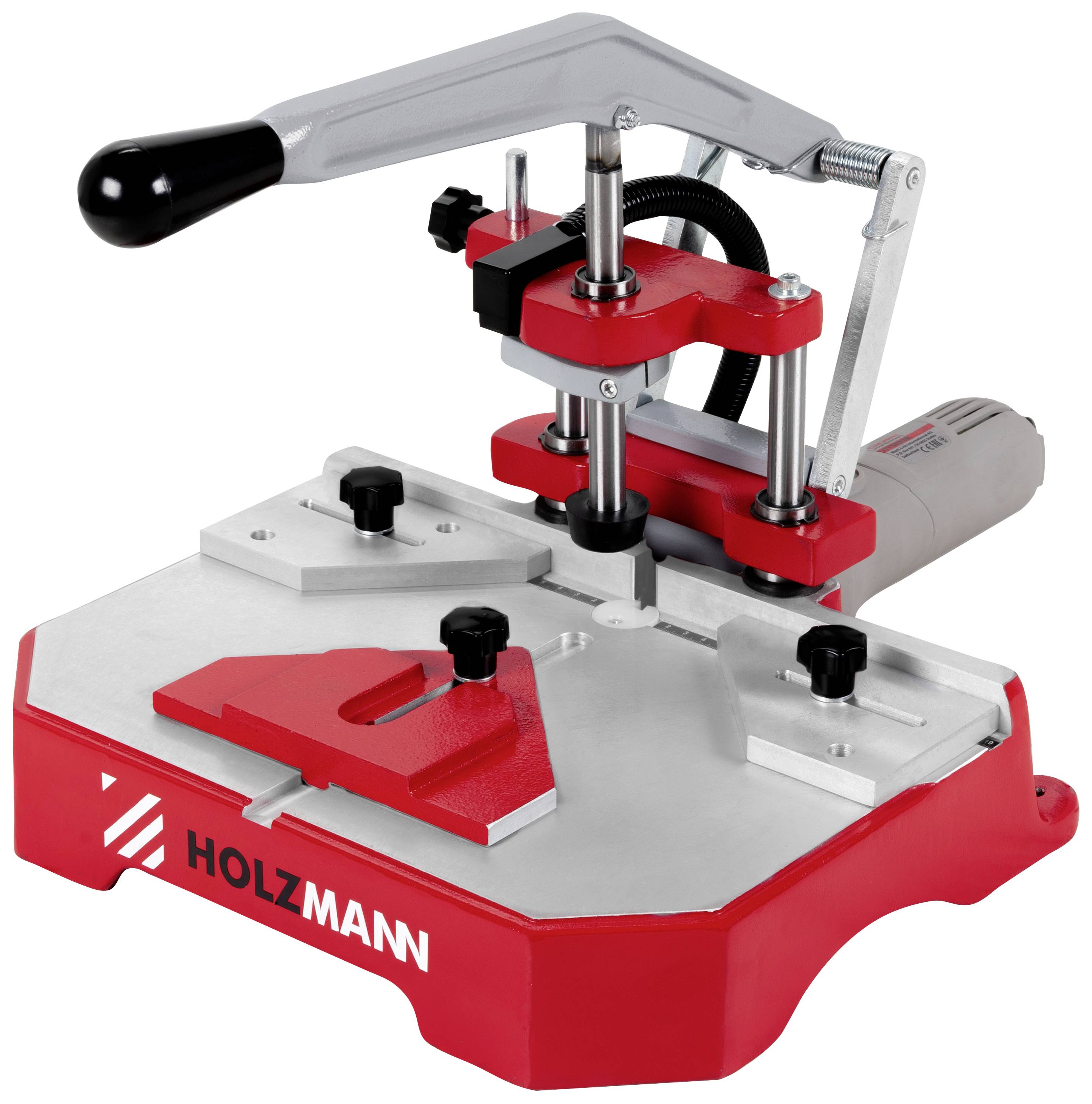 Kantenanleimmaschine in Rot mit Handgriff und Befestigungselementen. Markierung 'HOLZMANN' auf der Basis. Industrielles Werkzeug.