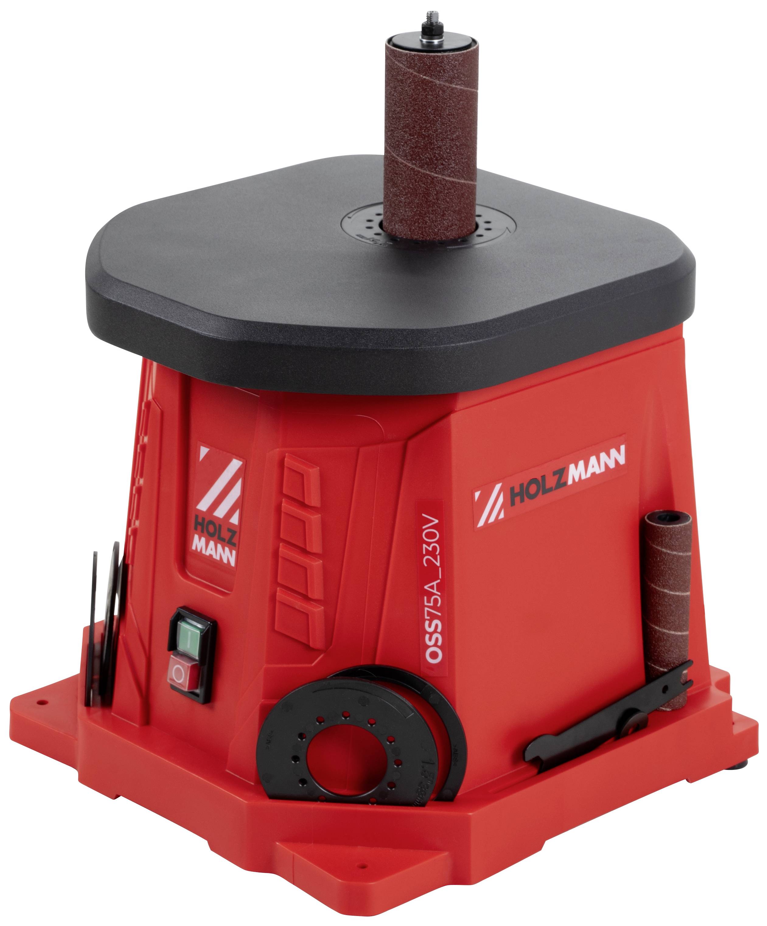 Rote Holzbearbeitungsmaschine mit schwarzem und rotem Schleifaufsatz. Markenname auf der Seite.