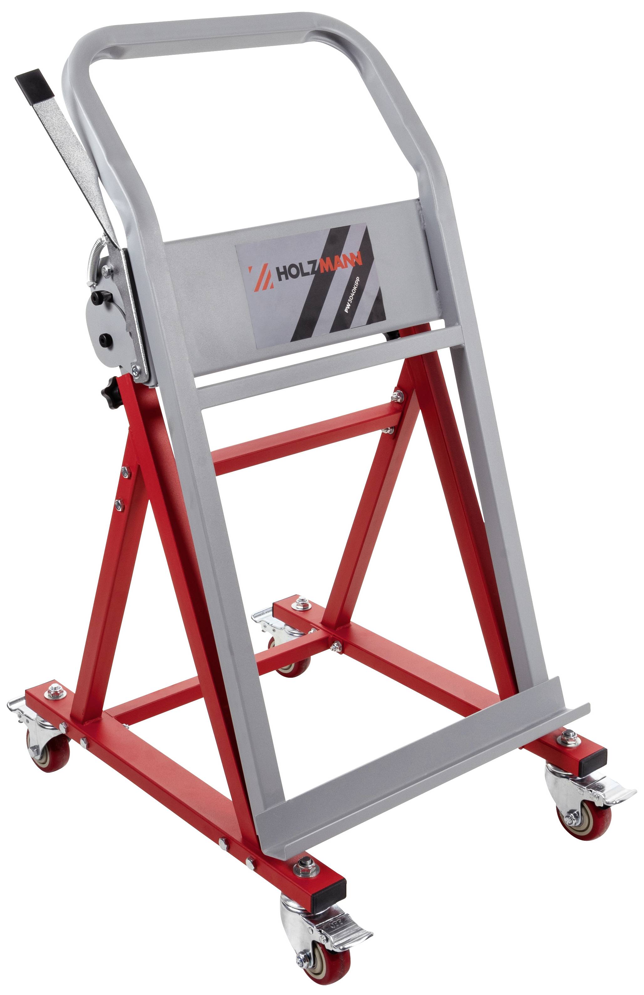 Rote und silberne Transportkarre aus Metall mit vier Rollen und einem Griff. Markenname 'Holzmann' auf der Vorderseite.