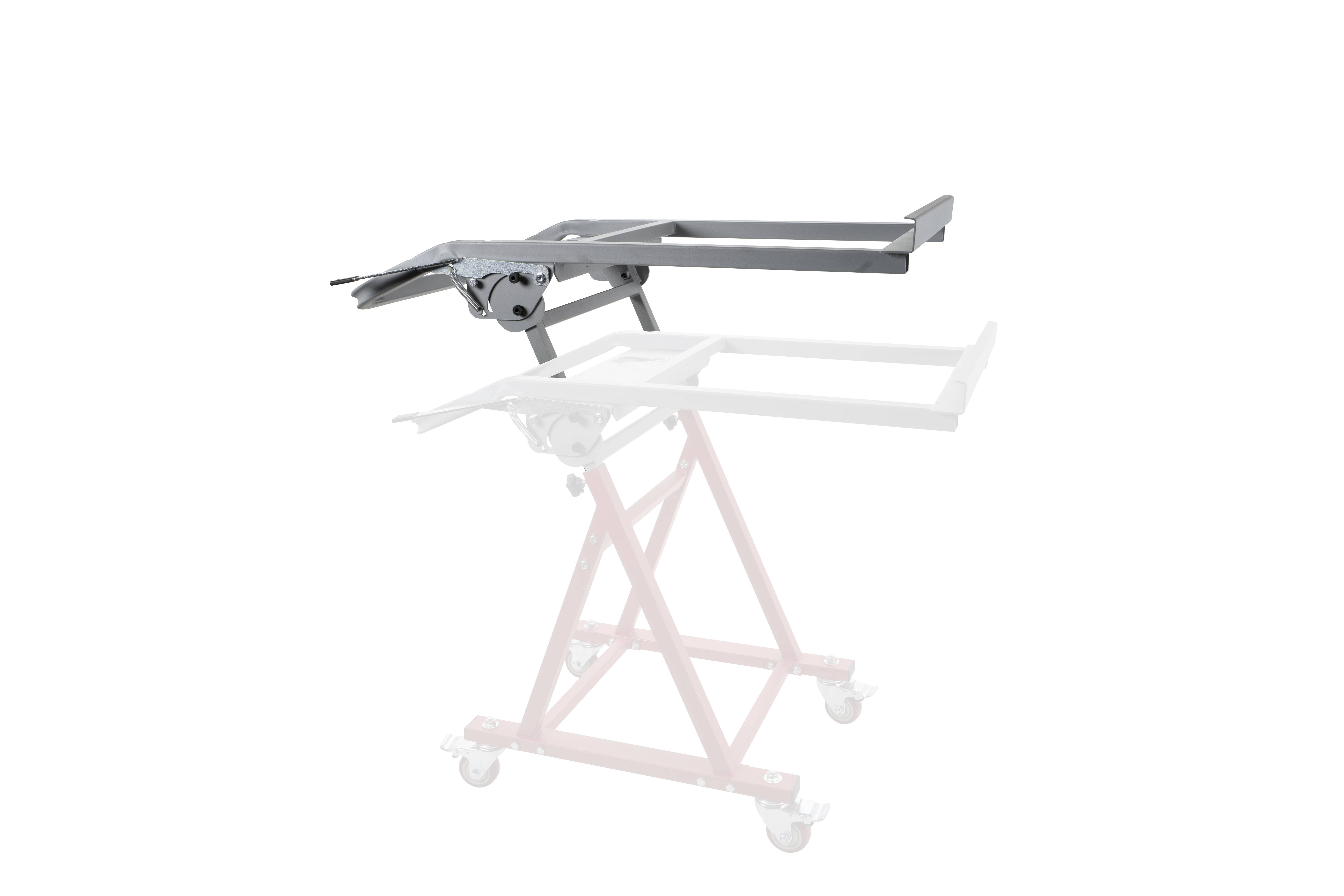 Abbildung eines zusammenklappbaren Tischgestells auf Rädern mit verstärkten Metallschienen. Das obere Element ist in der Luft aufgehängt.