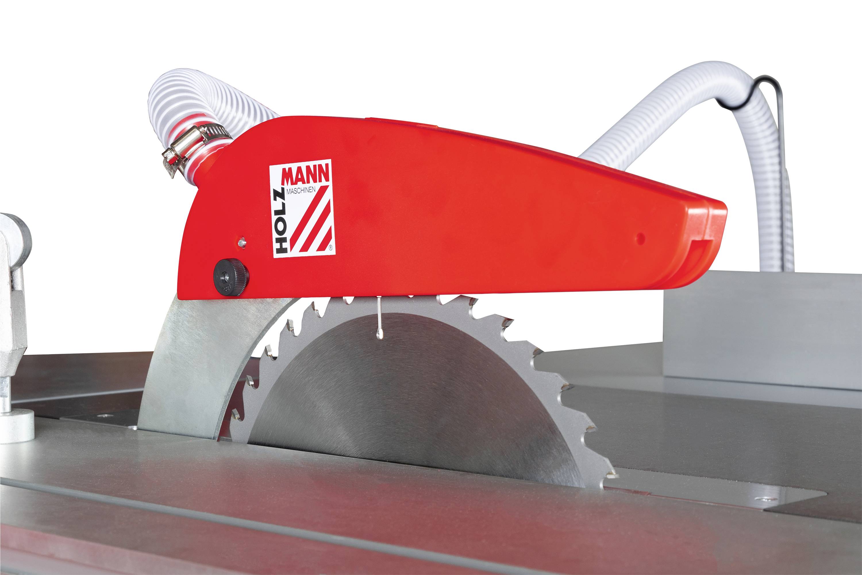 Kreissäge mit rotem Schutzgehäuse, Markenname 'HOLZ'; geeignet für Holzarbeiten in einer Werkstattumgebung.