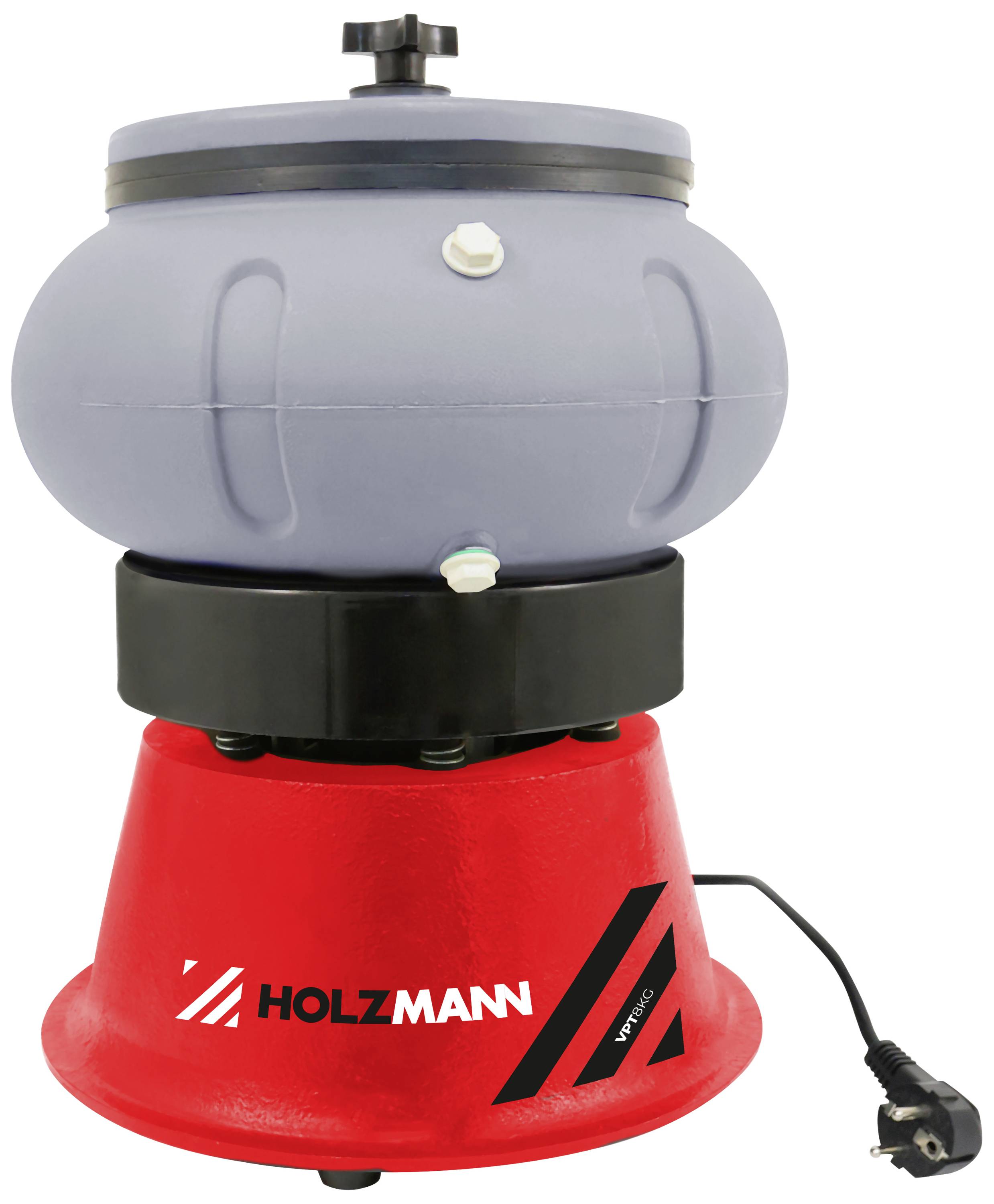 Ein rotes und graues Schleifgerät mit rundem Oberteil und stabilem Sockel. Markenname 'Holzmann' auf dem Sockel.