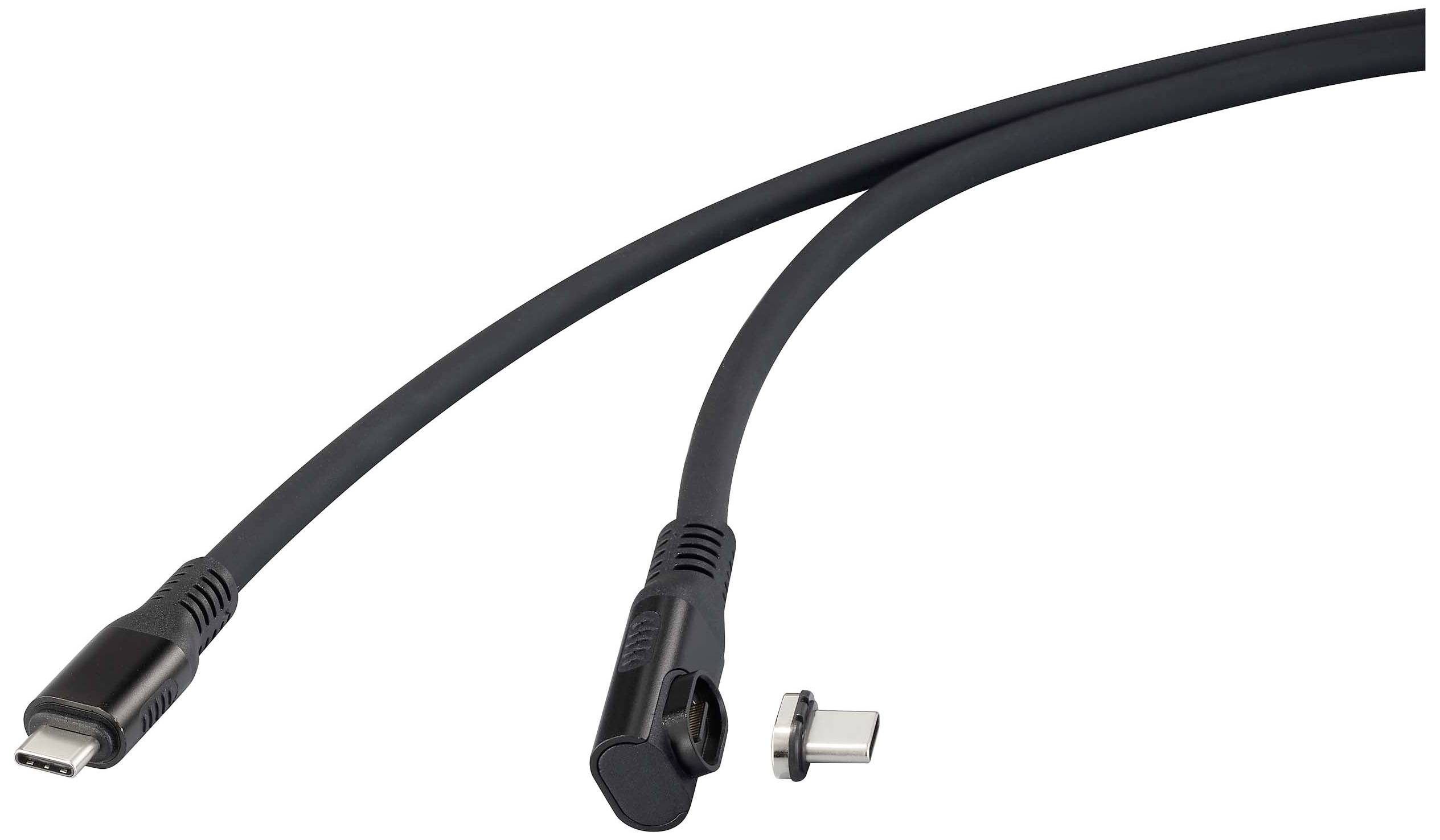 Ein schwarzes USB-C-Kabel mit abgewinkeltem Stecker und magnetischem Adapter. Geeignet für Geräte, die schnelles Laden unterstützen.