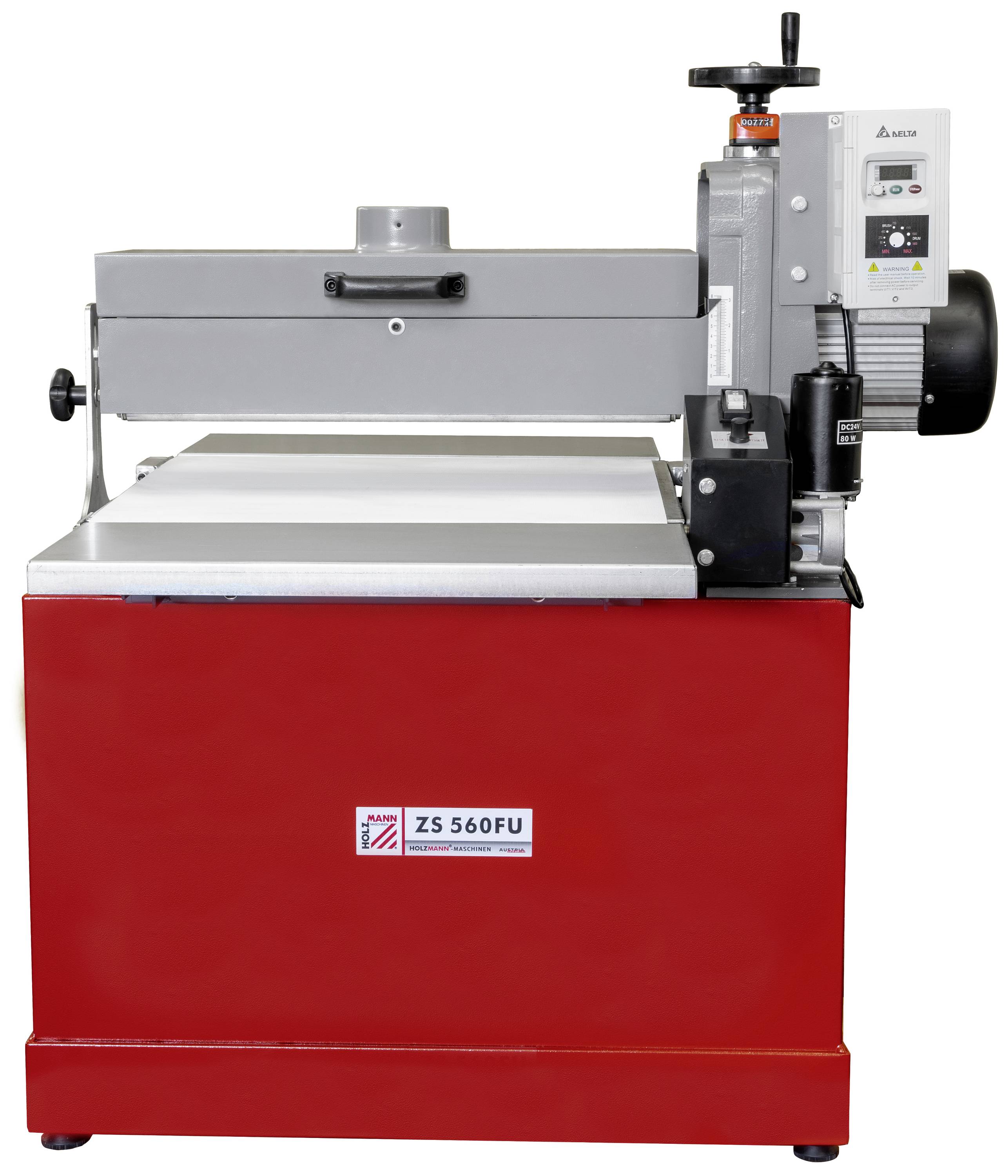 Eine rote industrielle Schleifmaschine mit grauer Schleifoberfläche und Bedienelementen auf der rechten Seite.