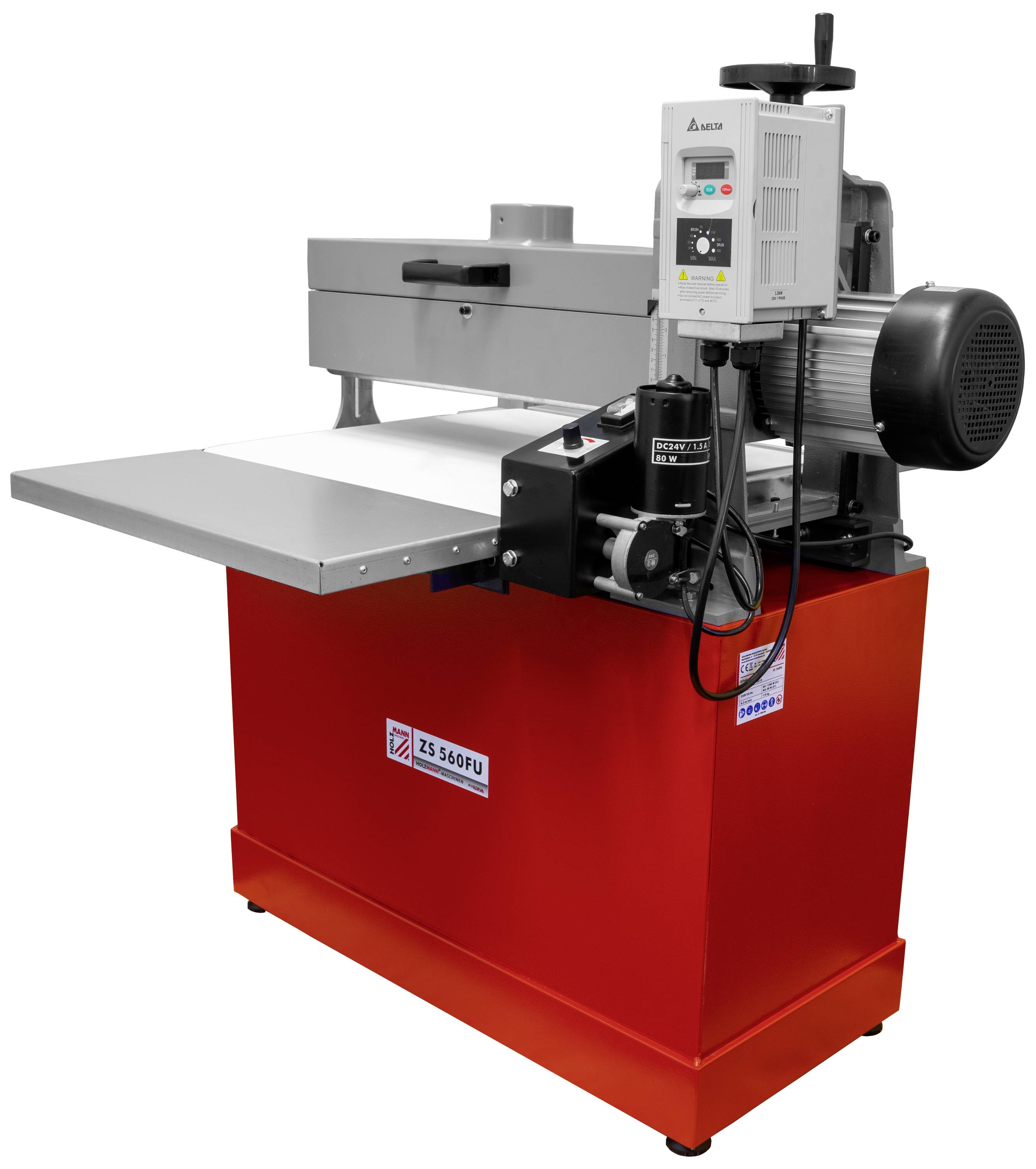 Industrielle Holzhobelmaschine mit rotem Gehäuse, Bedienfeld oben rechts, Einschaltknopf und Geschwindigkeitseinstellung sichtbar.