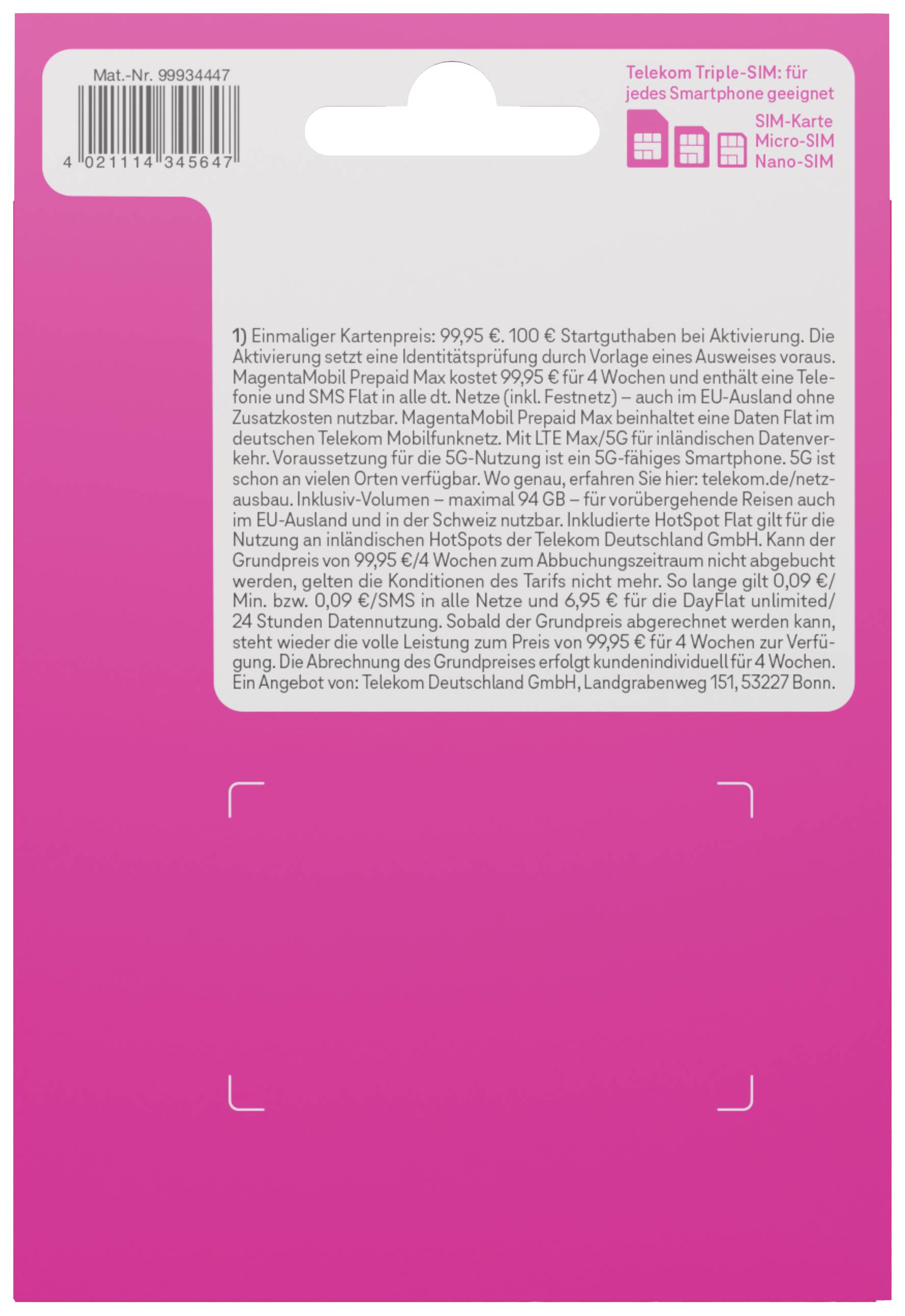 Telekom Magenta Mobil Max Prepaid-Karte ohne Vertragsbindung