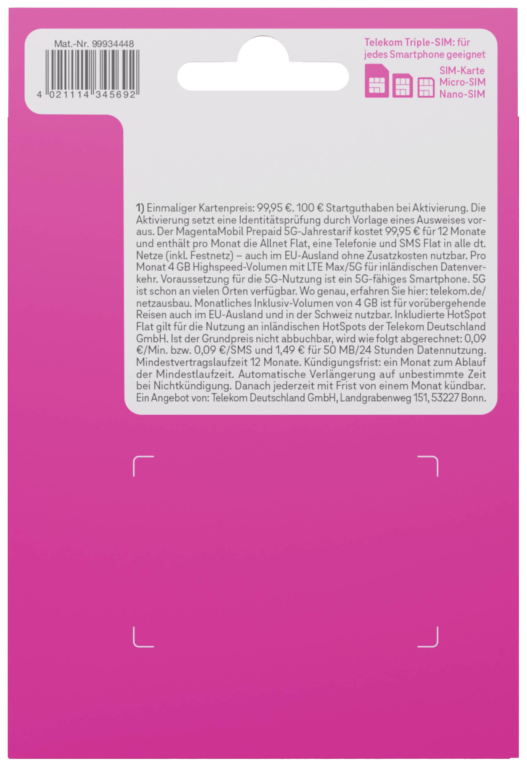 Telekom Magenta Mobil Jahrestarif Prepaid-Karte ohne Vertragsbindung