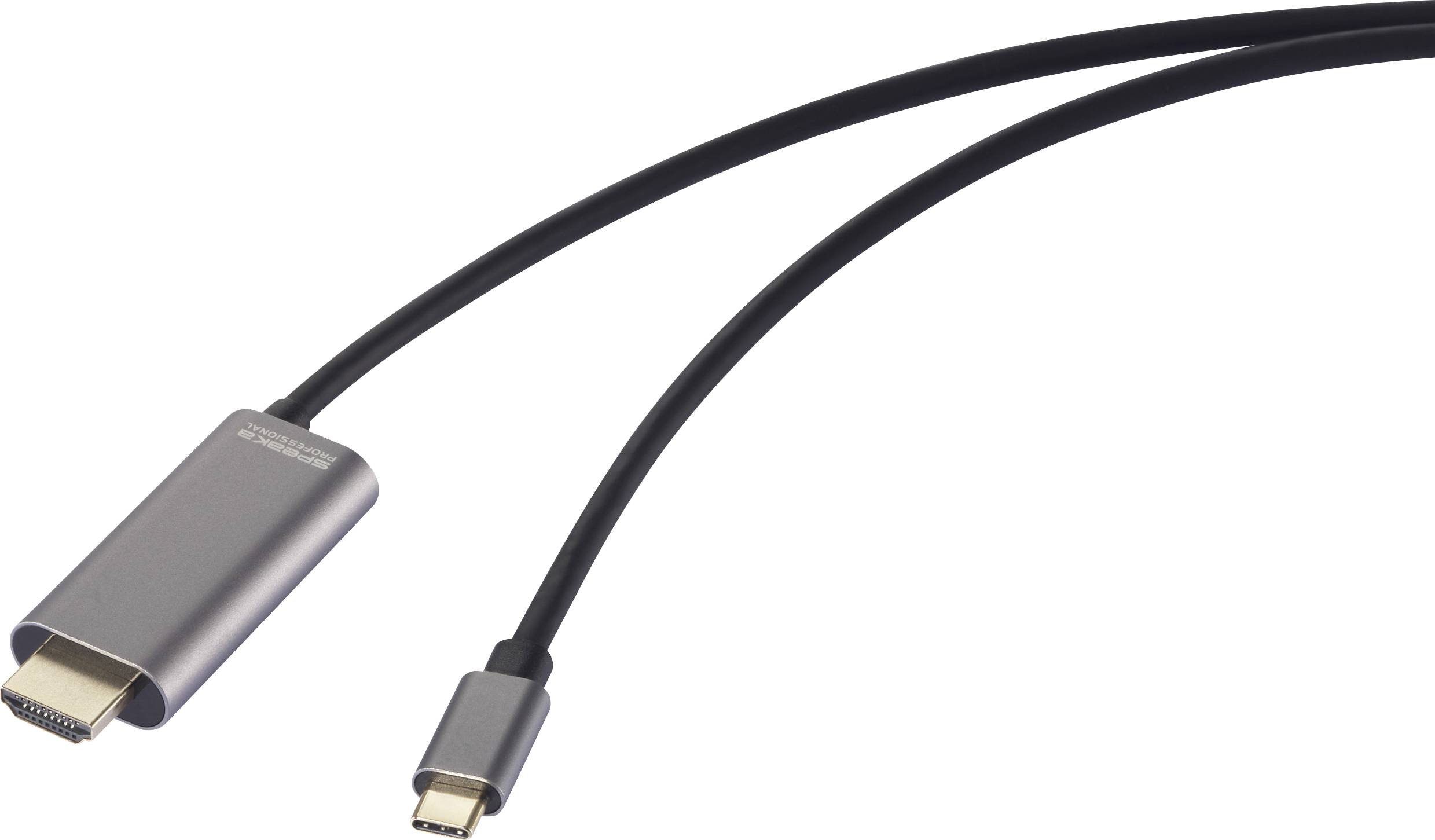 Ein schwarzes Kabel mit USB-C-Anschluss auf der einen und HDMI-Anschluss auf der anderen Seite, verwendet für Video- und Audioverbindungen.