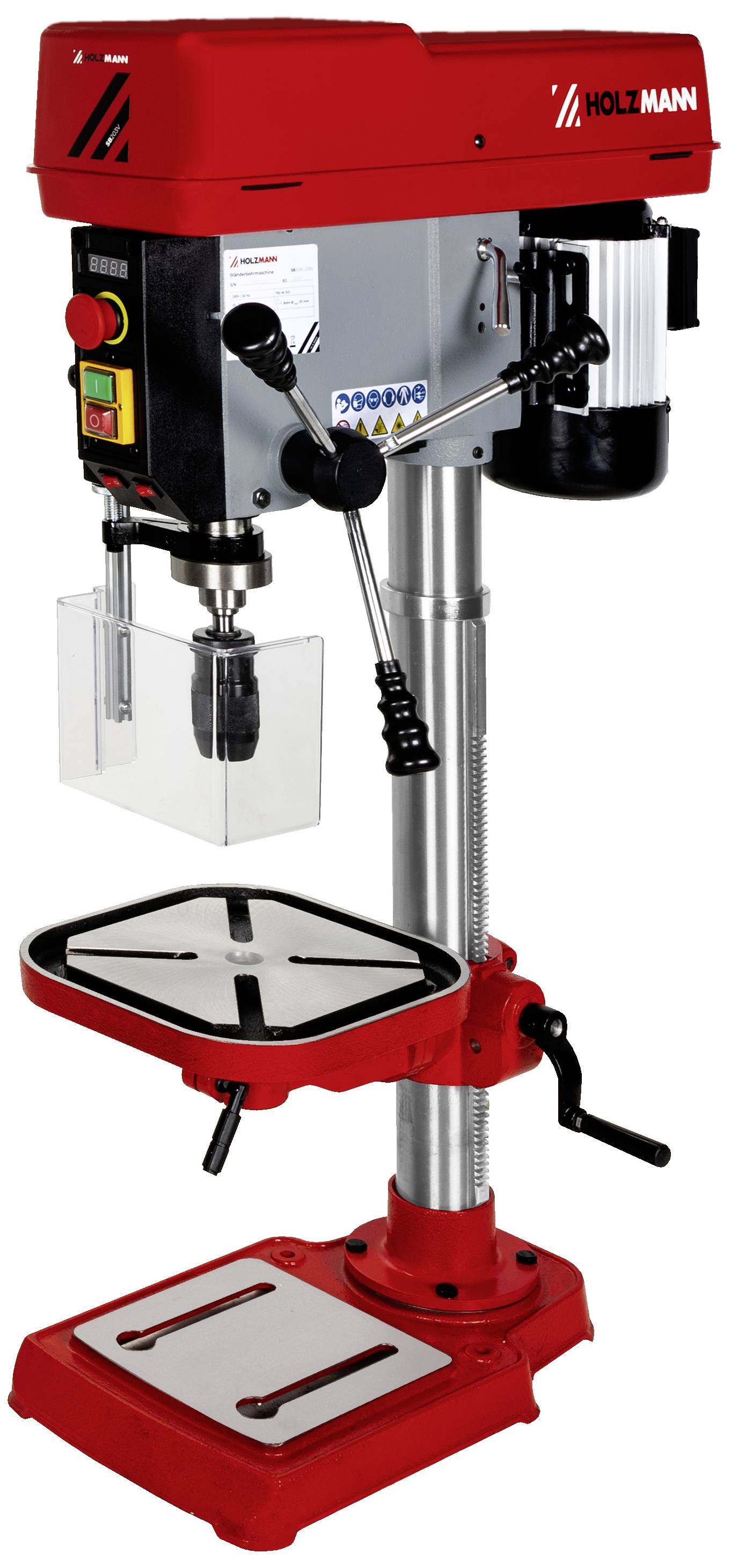 Standbohrmaschine mit rotem Gehäuse und Ständer, ausgestattet mit einem schwarzen Bohrkopf und einem verstellbaren Bohrtisch.