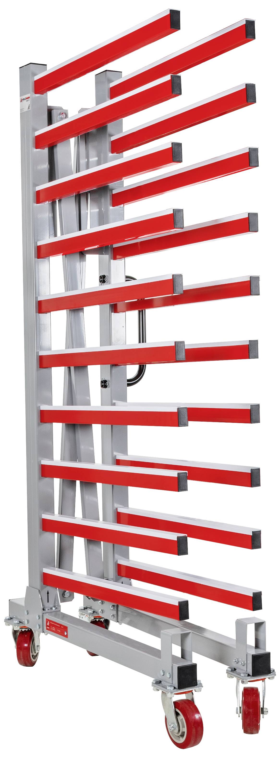 Ein mobiler Ständer mit mehreren horizontalen roten Streben, geeignet zum Transport oder zur Lagerung von großen, flachen Gegenständen.
