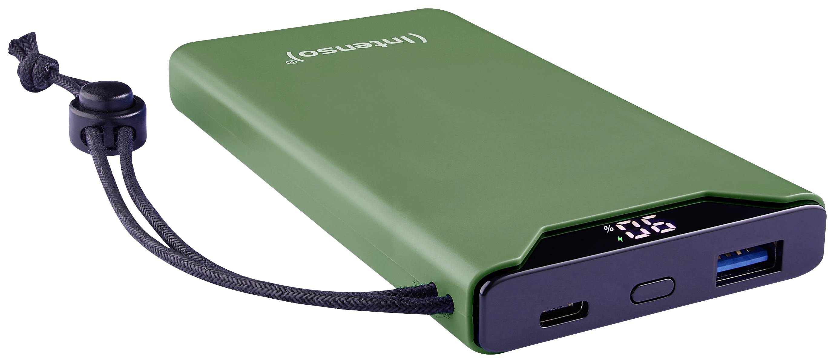 Grüne Powerbank mit USB- und USB-C-Anschlüssen, Ladeanzeige und Befestigungsband.