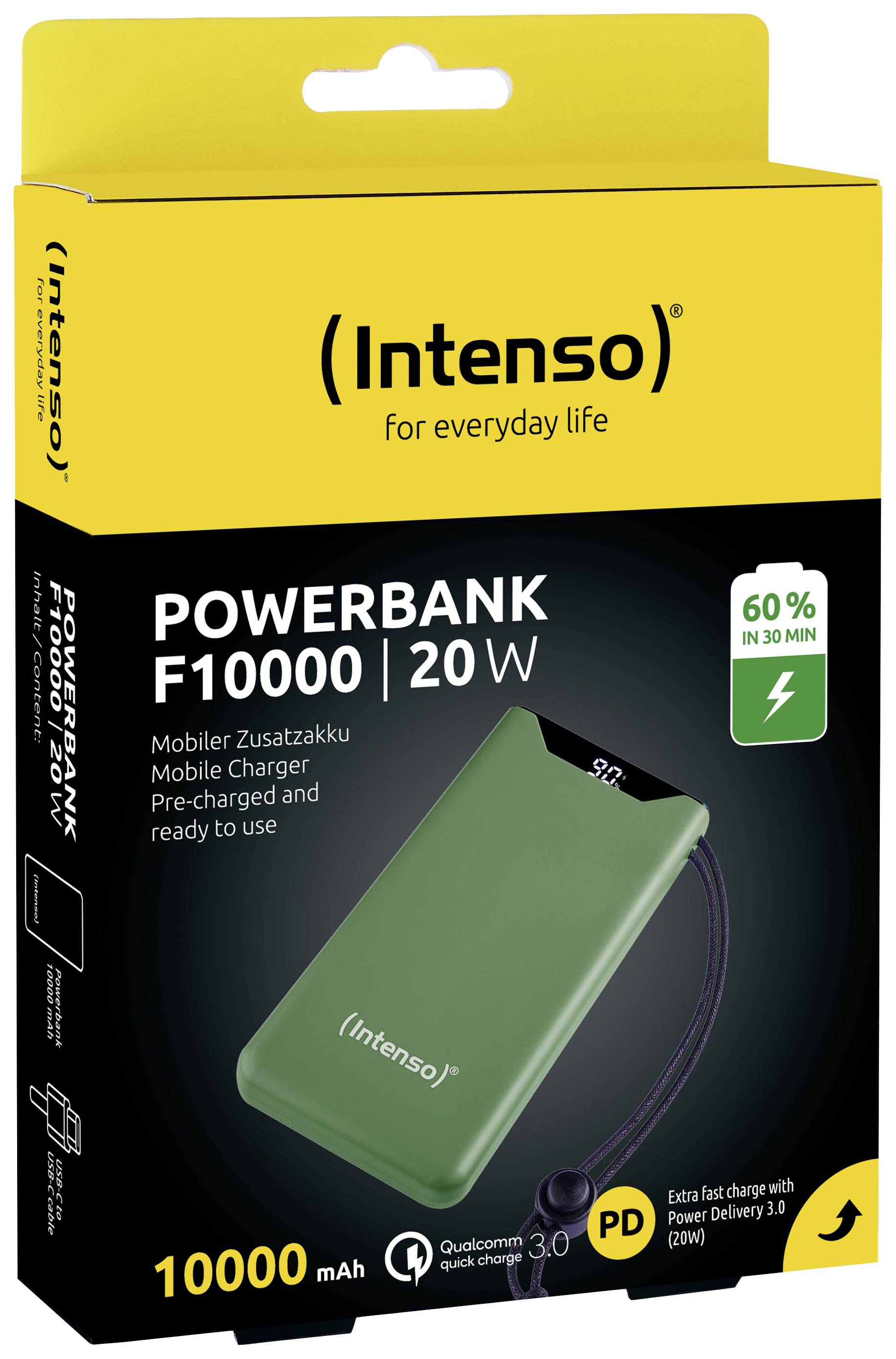 Intenso Powerbank F10000 mit 20W Leistung. Schnelles Laden, 60% in 30 min. Kapazität: 10000 mAh. Farbe: Grün. Enthält USB-Kabel.