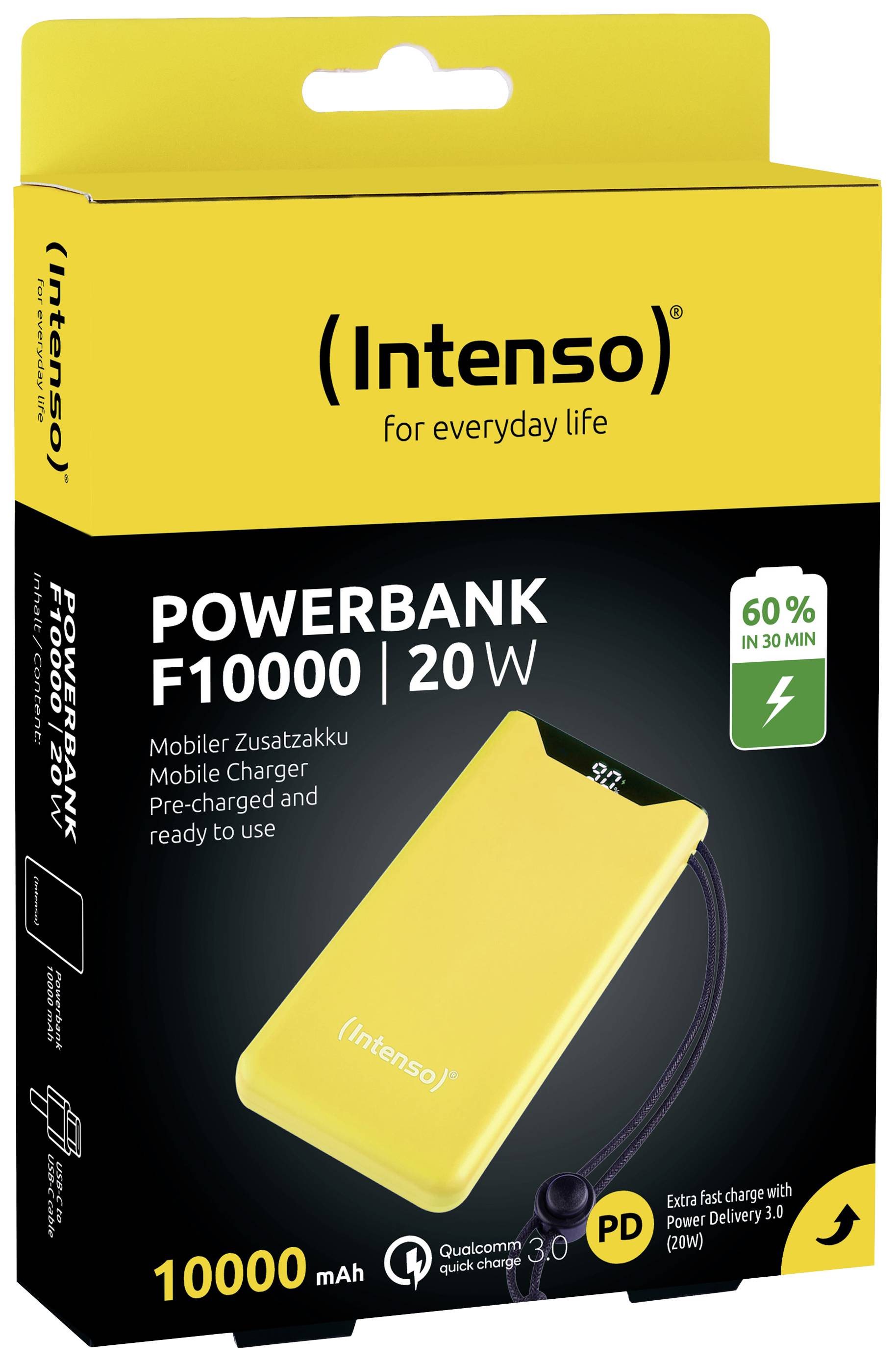 Intenso F10000 Powerbank 10000 mAh Quick Charge, USB PD LiPo USB-A, USB-C® Gelb Statusanzeige