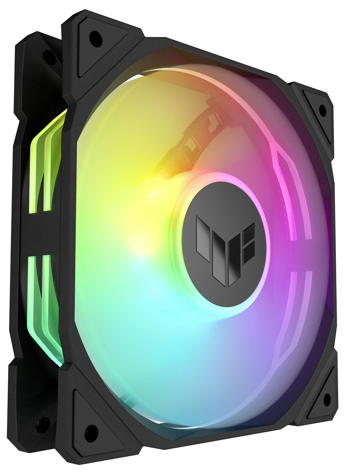 Ein Computerlüfter mit bunten, leuchtenden RGB-LEDs in einem schwarzen Gehäuse.