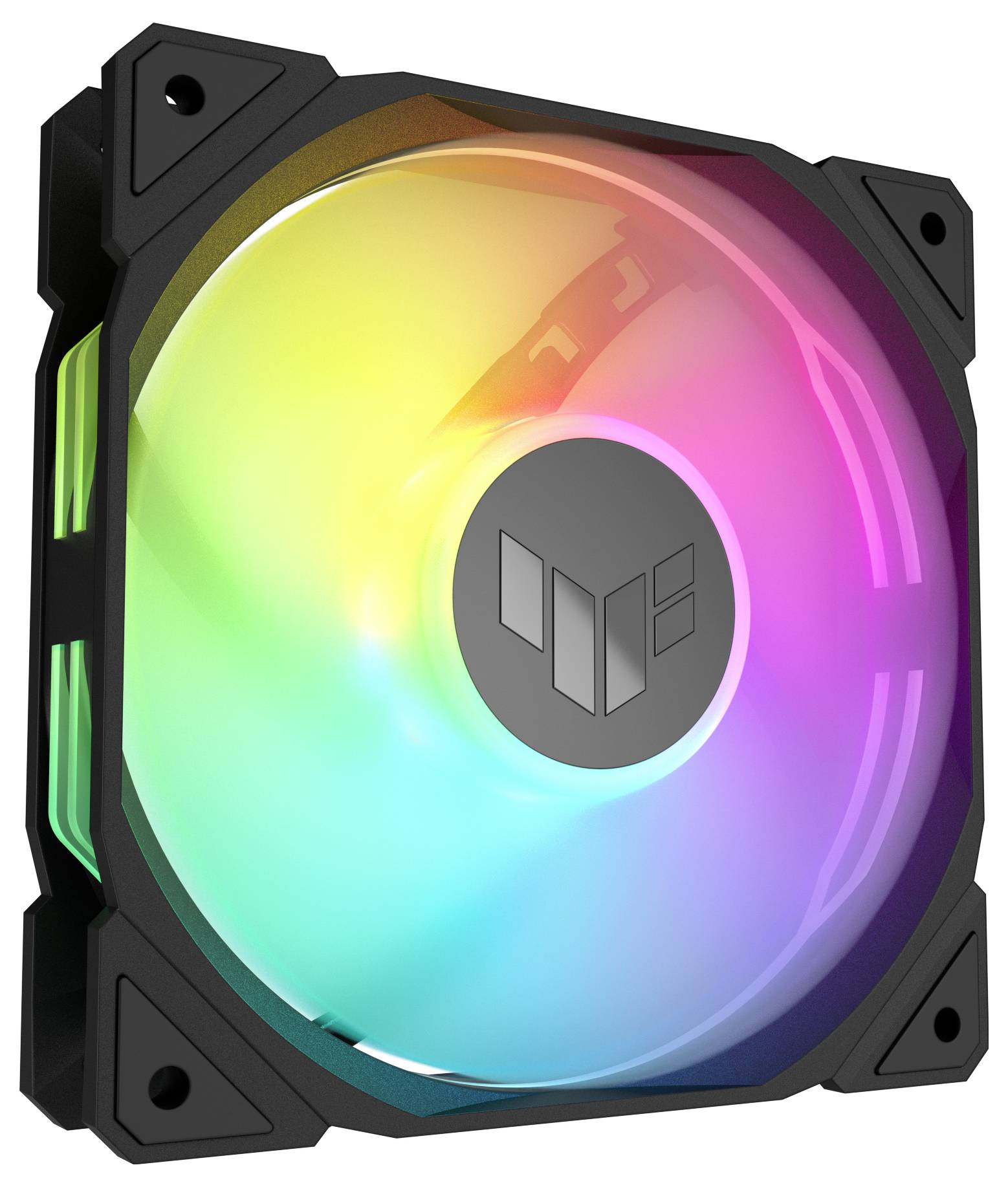 Lüfter mit Regenbogen-LED-Beleuchtung, schwarzes Gehäuse, quadratische Form.