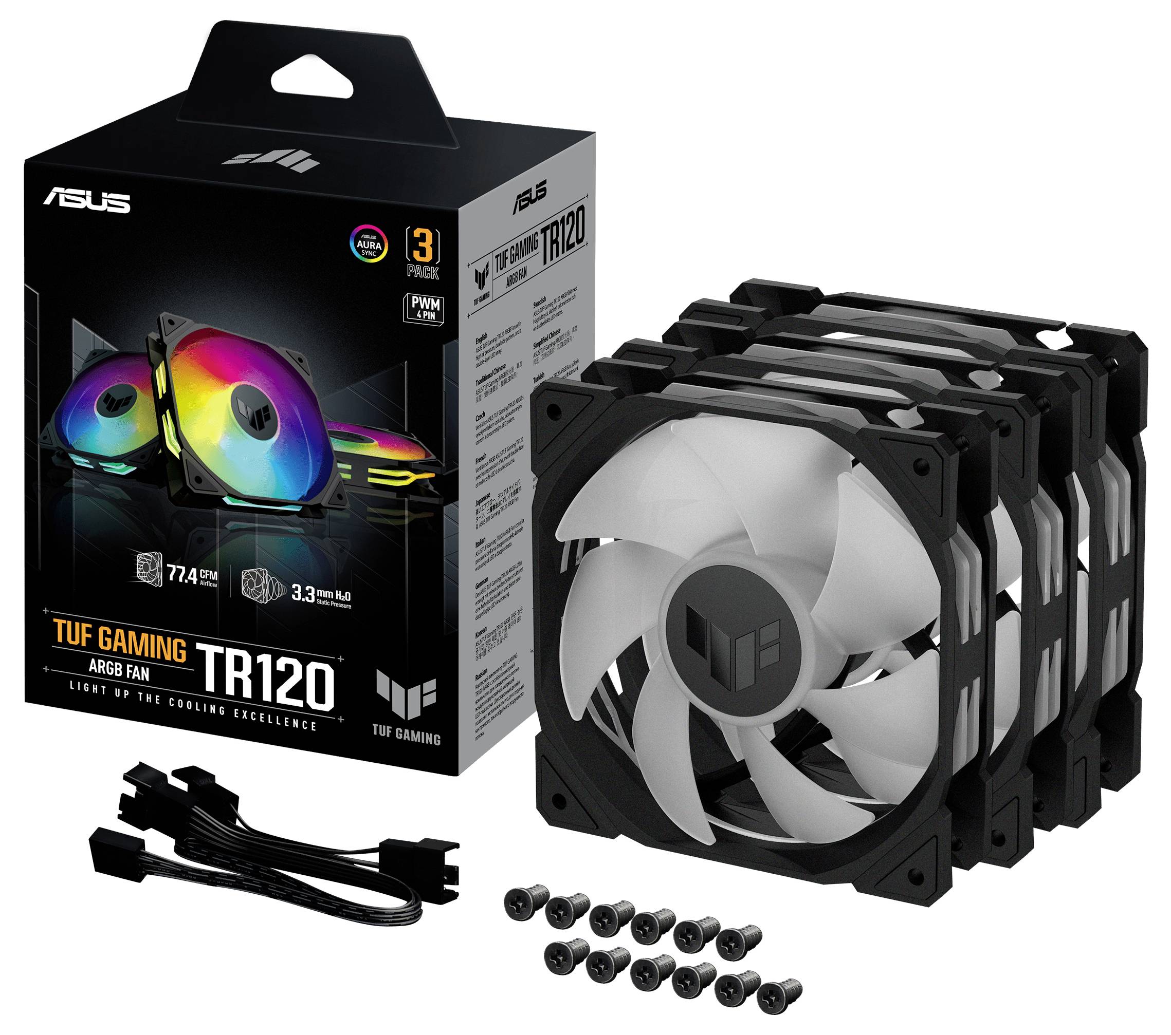 Drei schwarze PC-Lüfter mit RGB-Beleuchtung, verpackt in einer Box mit Zubehör, darunter Schrauben und Kabel. Markenname ist sichtbar.