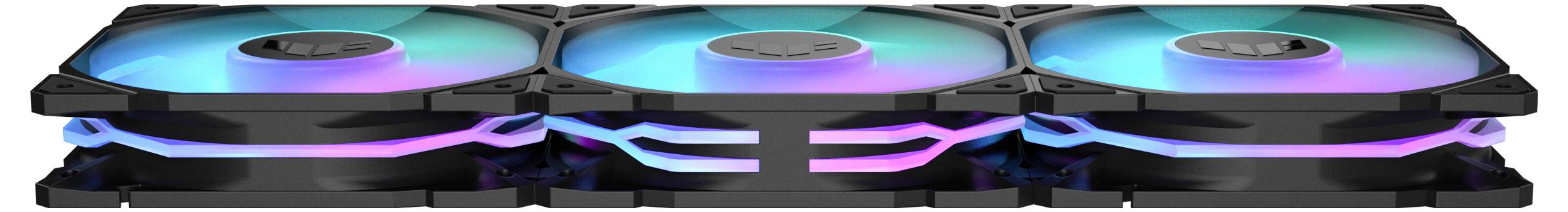 Drei nebeneinanderliegende Computerlüfter mit bunten LED-Lichtern.