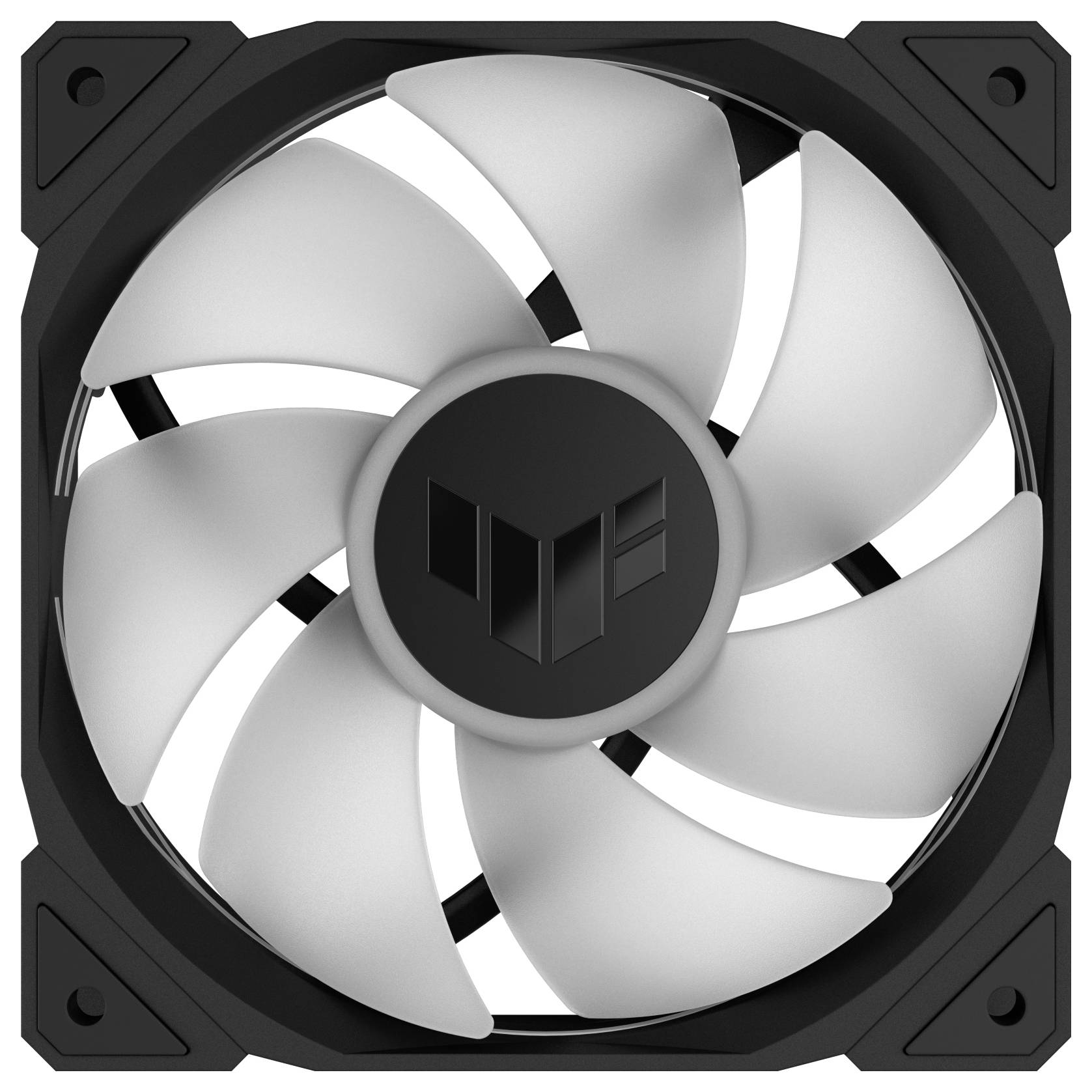 Ein quadratischer Computerlüfter mit schwarzen Ecken und weißen Rotorblättern. Das Lüfterdesign vermittelt einen technischen Eindruck.