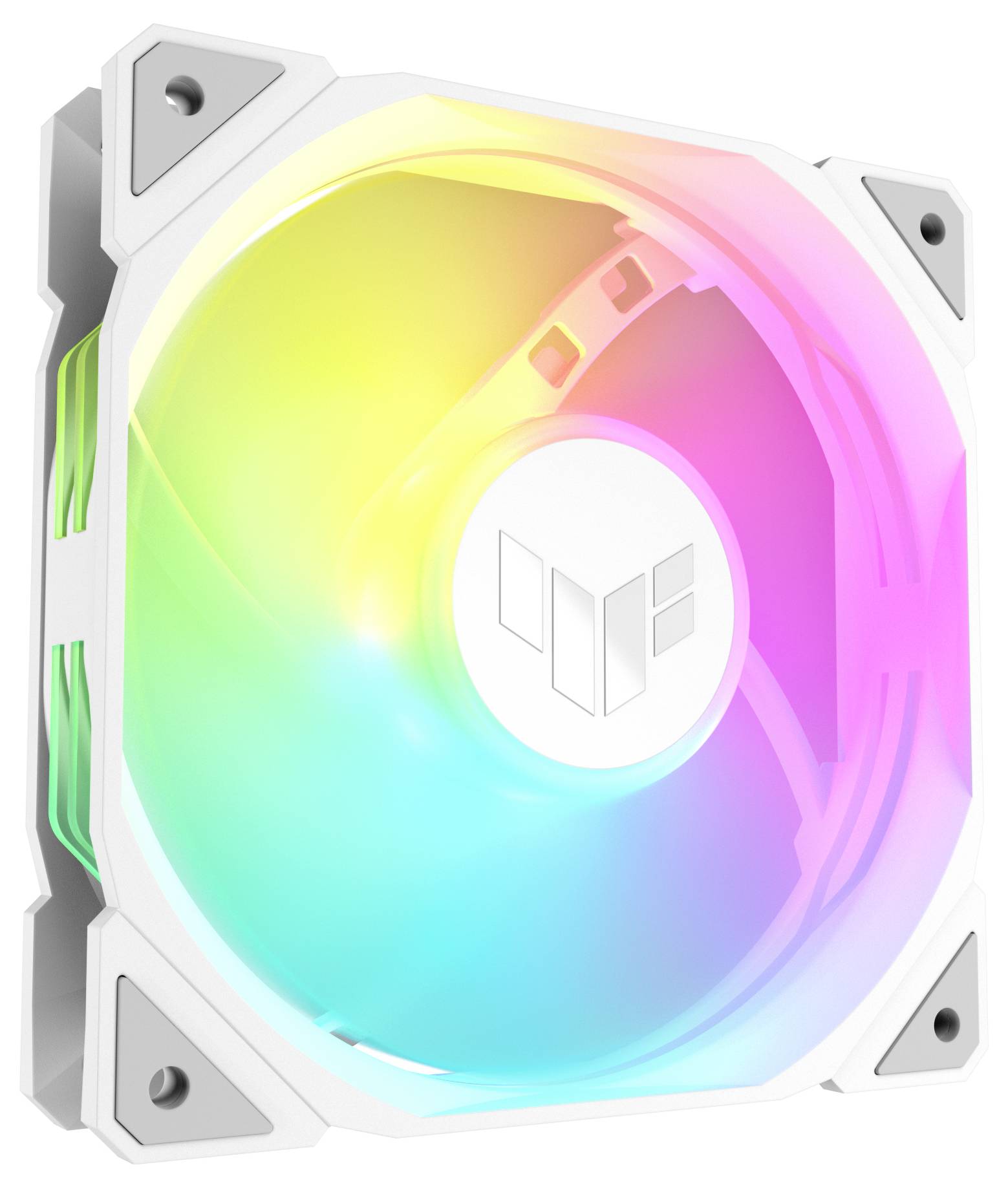 Ein computerlüfter mit RGB-Beleuchtung, die in verschiedenen Farben leuchtet. Gehäuse ist weiß mit abgerundeten Ecken.