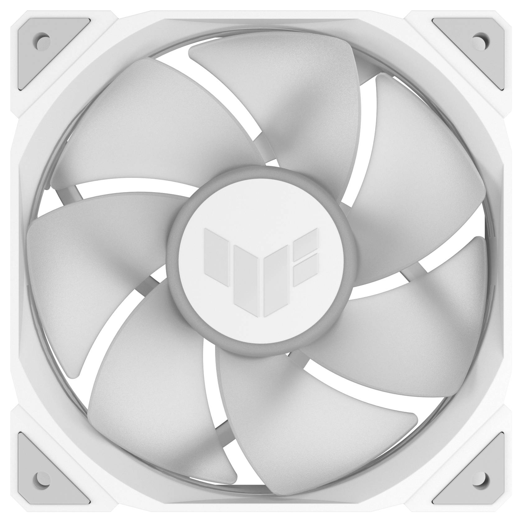 Ein weißer Computerlüfter mit mehreren Klingen und einem quadratischen Rahmen; er hat in der Mitte ein stilisiertes Logo.