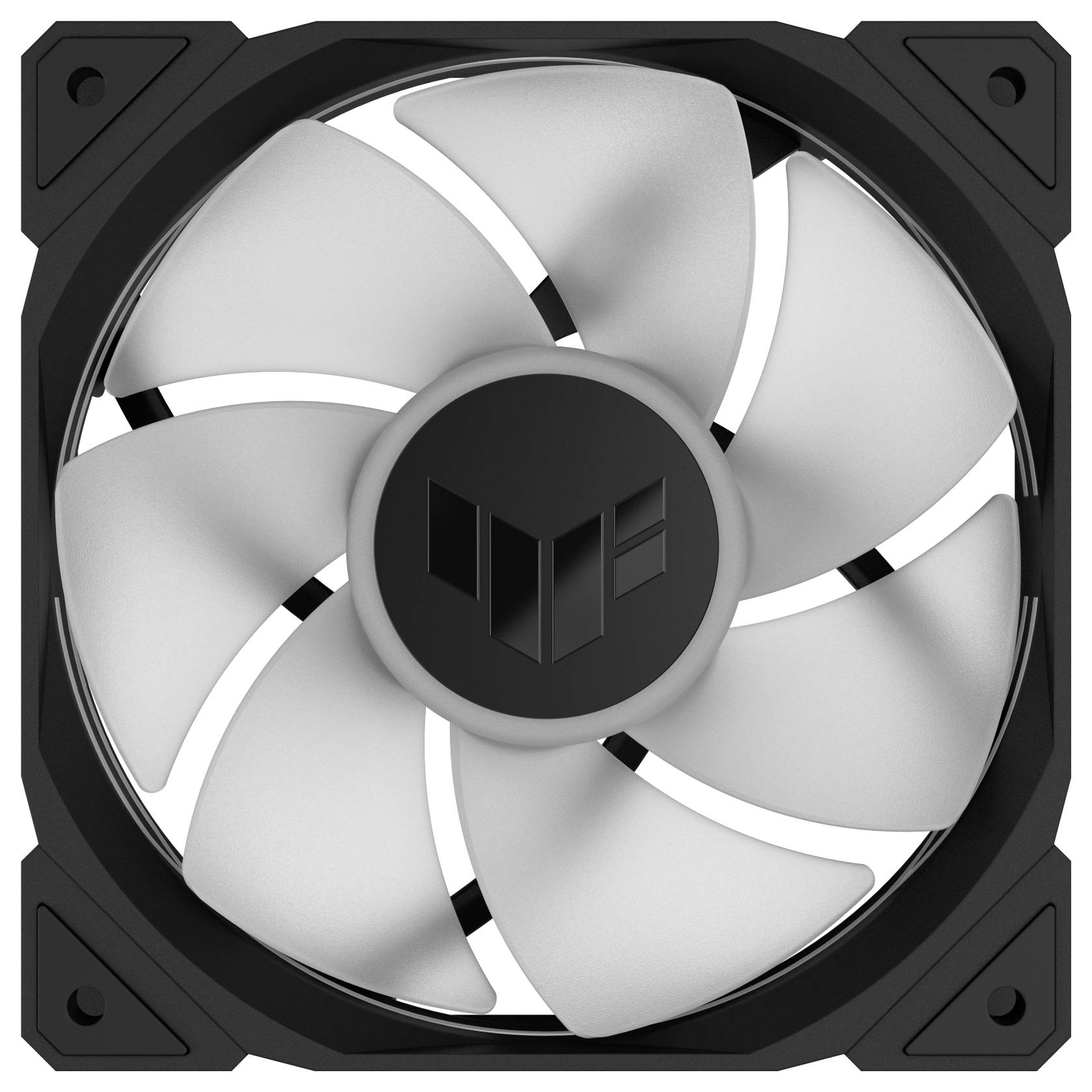 Gezeigt wird ein Computerlüfter mit schwarzem Gehäuse und weißen Rotorblättern, geeignet zur Kühlung von Computerhardware.