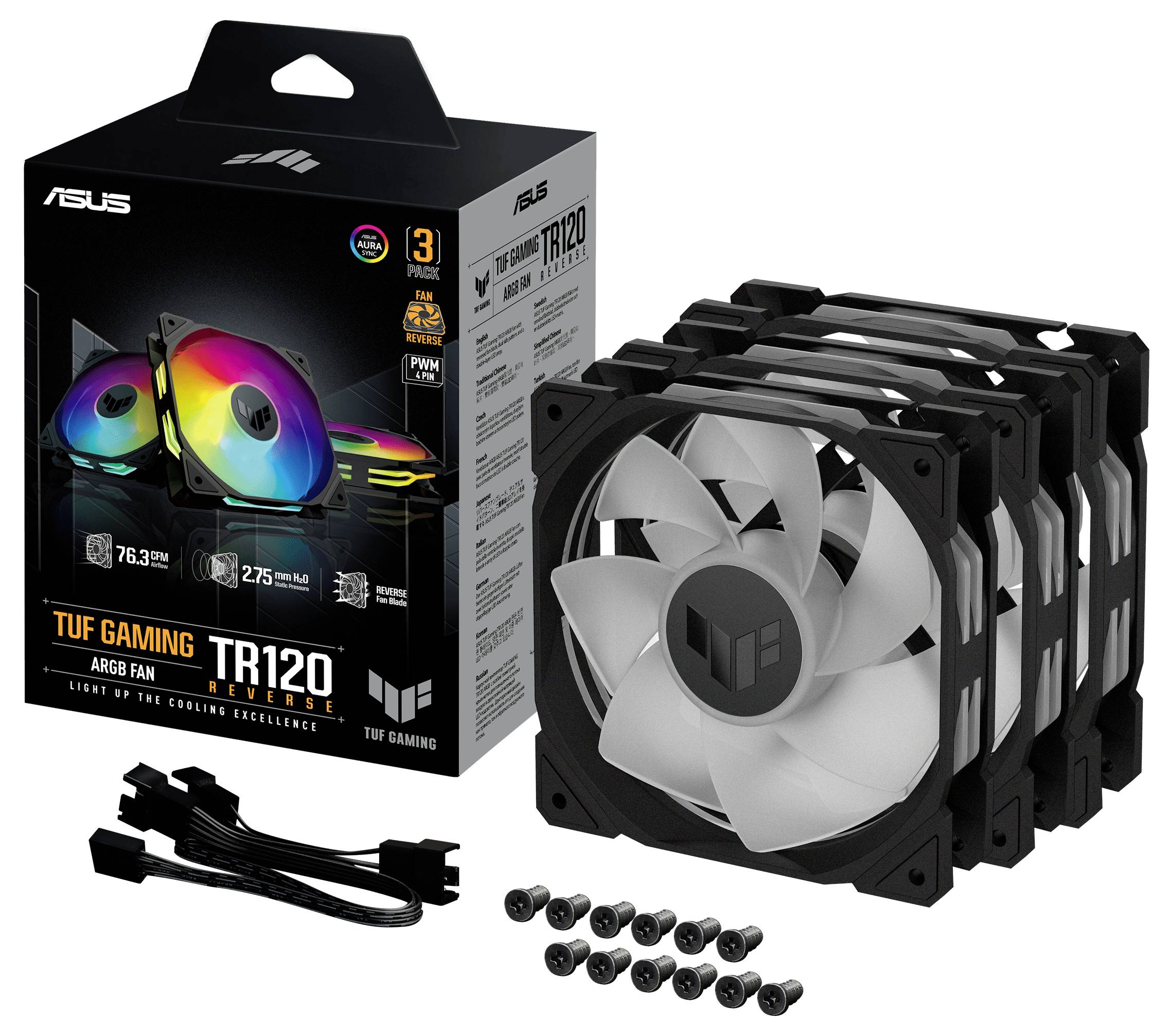 'ASUS TUF Gaming TR120' ARGB-Lüfter-Set mit drei Lüftern, Schrauben und Kabeln; verpackt in schwarzem Karton mit Abbildung.