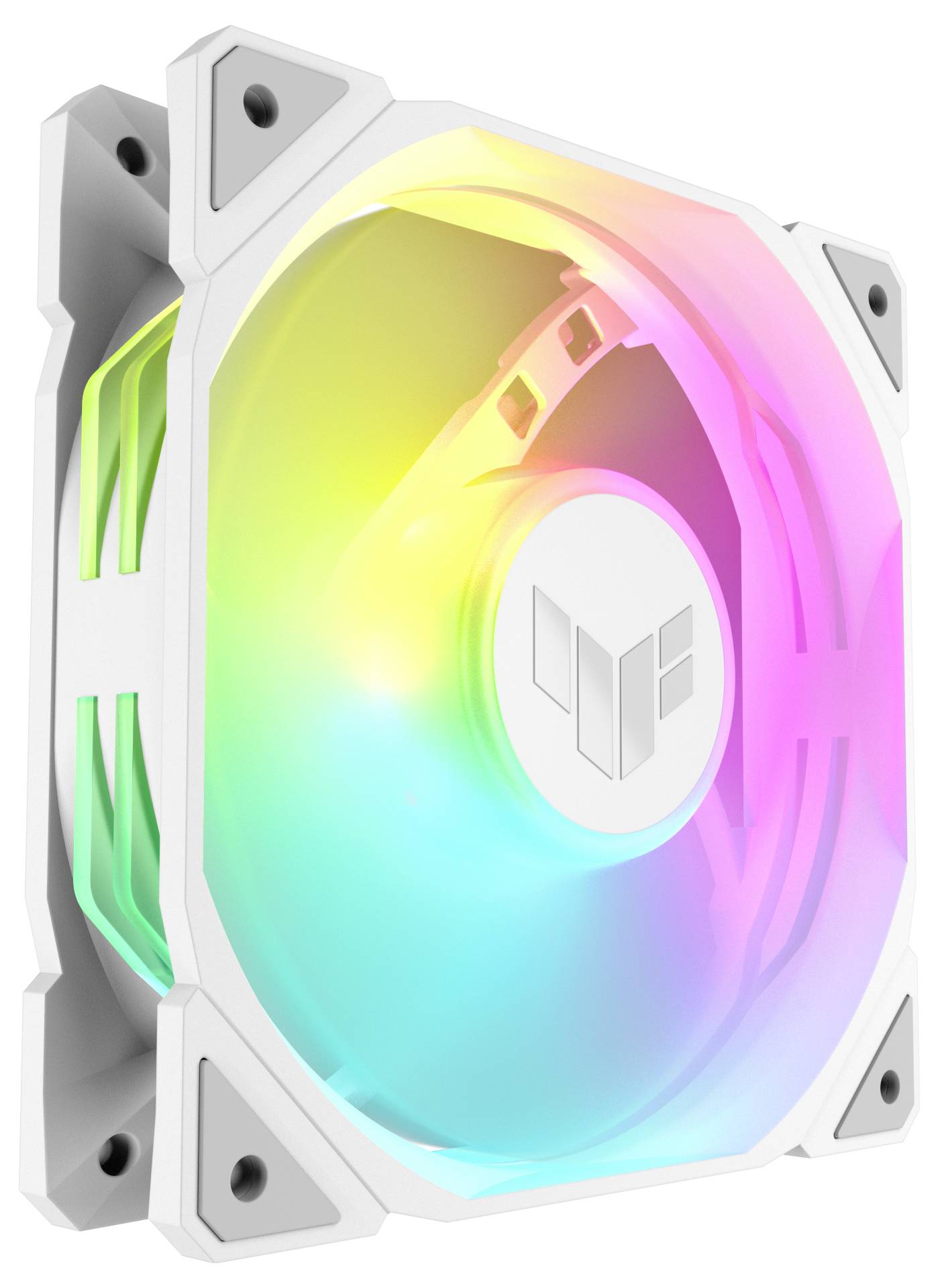 Ein weißer Computerlüfter mit Regenbogen-LED-Beleuchtung, die kreisförmig leuchtet.