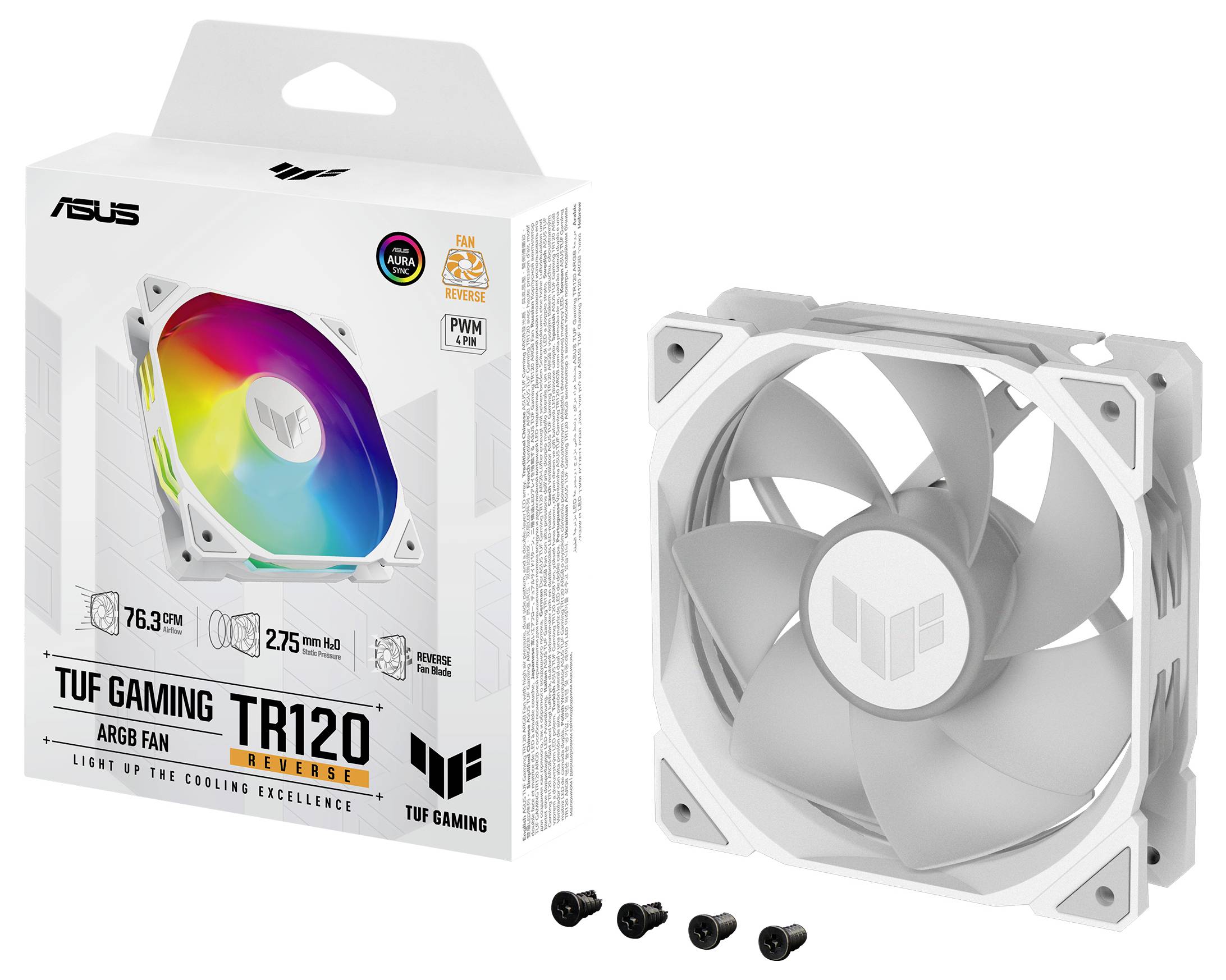 Ein weißer ASUS TUF Gaming TR120 ARGB Lüfter neben seiner Verpackung, die seine RGB-Beleuchtung und technischen Spezifikationen zeigt.