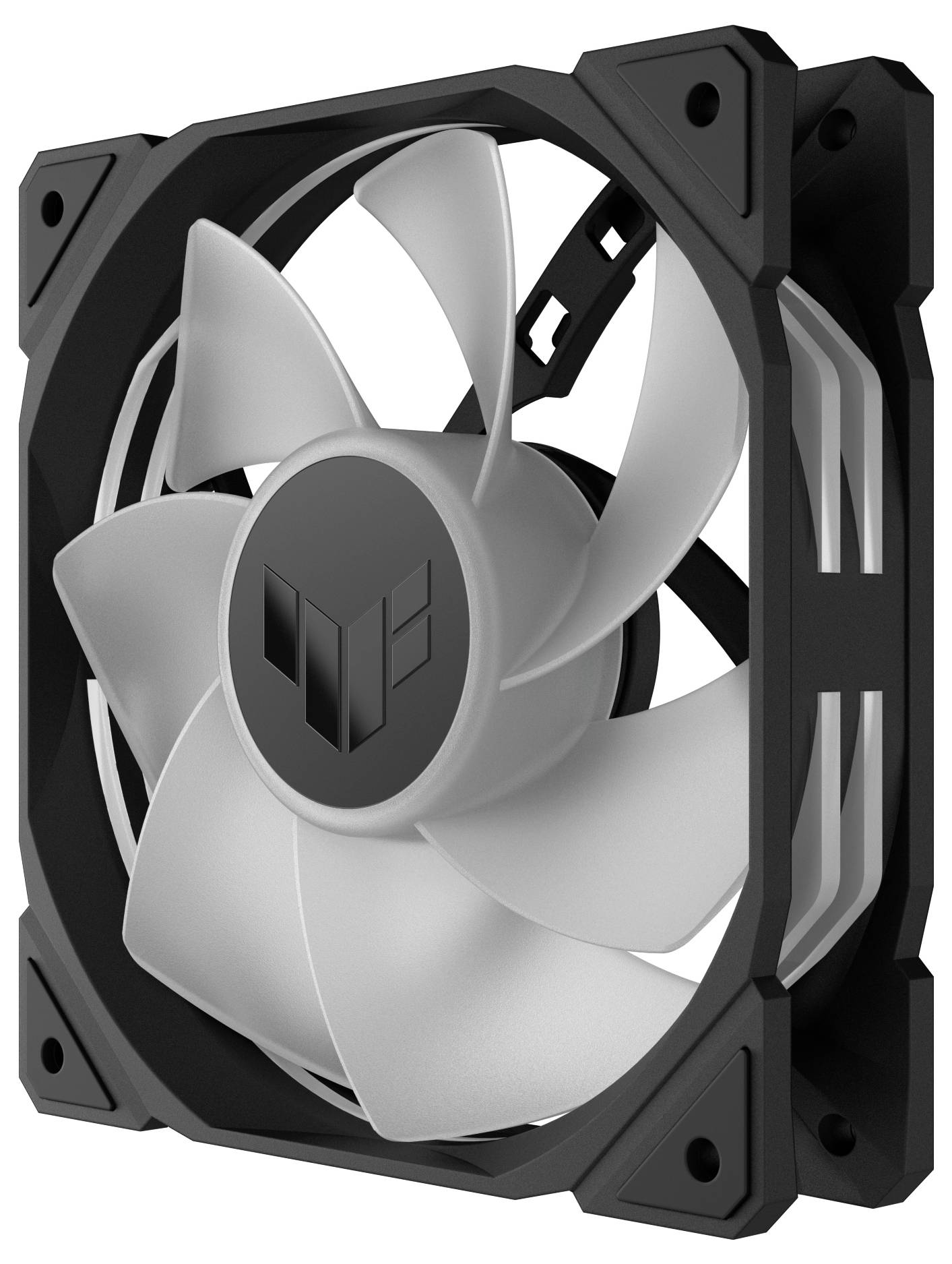 Ein schwarzer Computerlüfter mit weißen Rotorblättern.