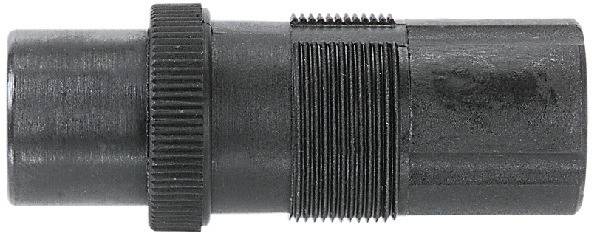 Ein schwarzes, zylindrisches Kunststoffteil mit mehreren Rillen und Gewinden, möglicherweise ein Verbindungselement oder Adapter.
