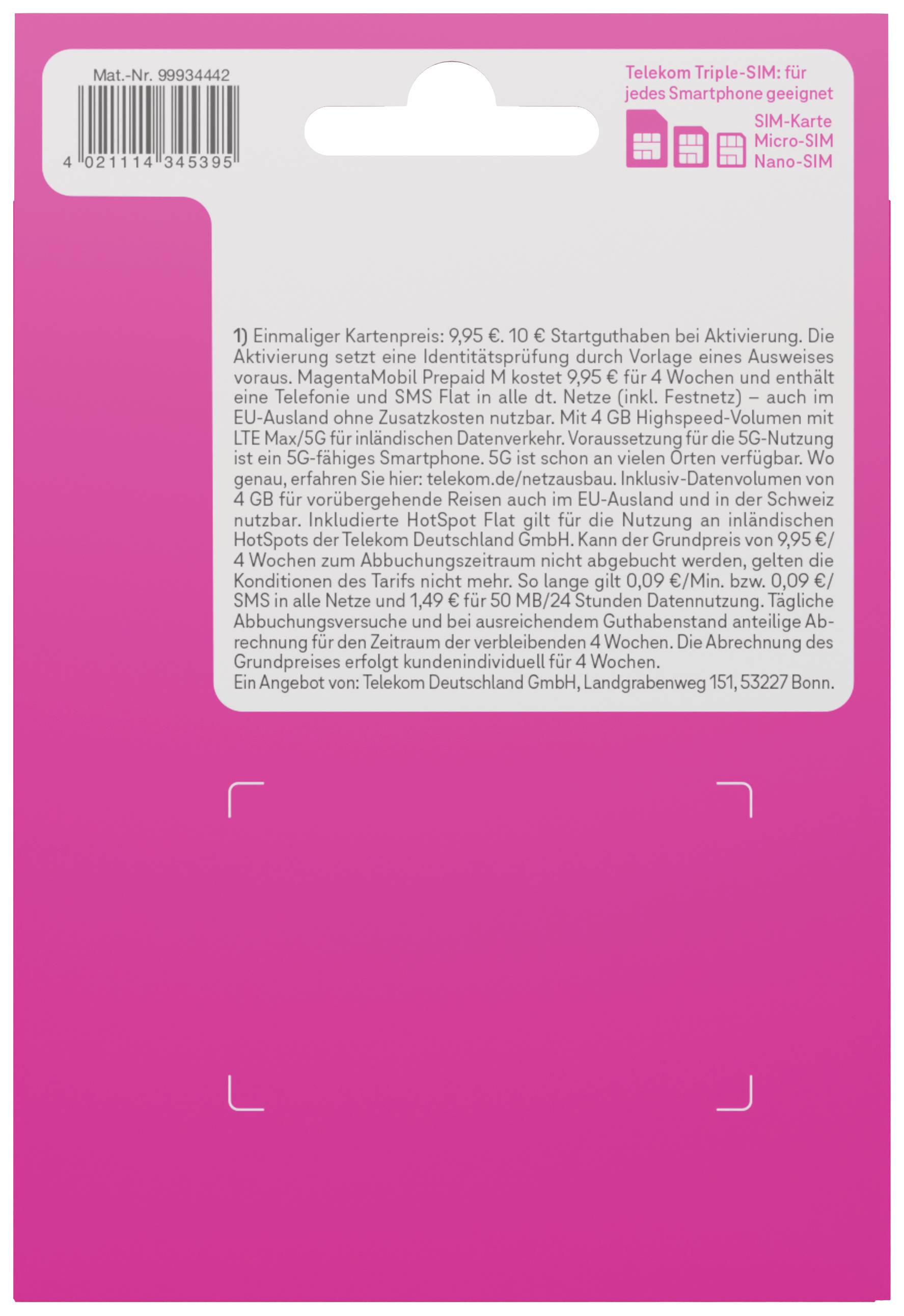 Telekom Magenta Mobil M Prepaid-Karte ohne Vertragsbindung