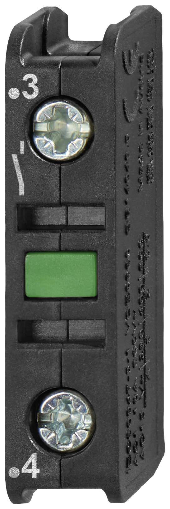 Schwarzer elektrischer Schalter mit grünem Knopf in der Mitte und zwei silbernen Schrauben oben und unten.