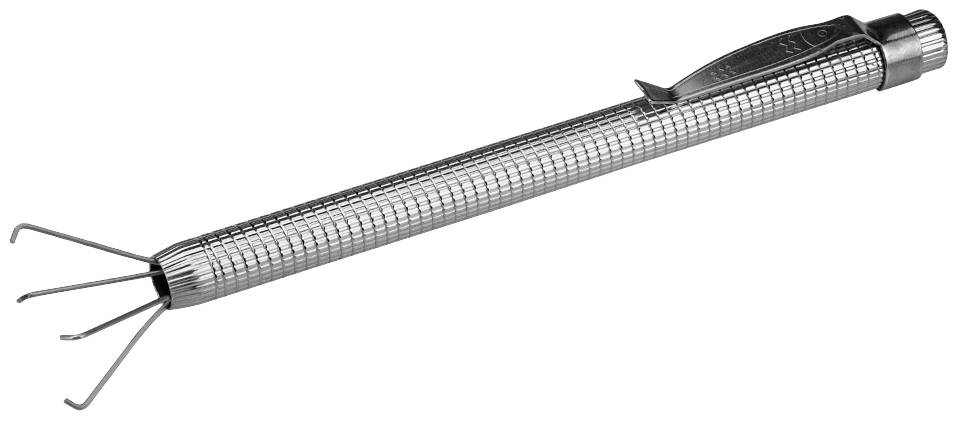 Metallischer Greifarm mit vier flexiblen Krallen, geeignet zum Greifen kleiner Objekte in schwer zugänglichen Bereichen.
