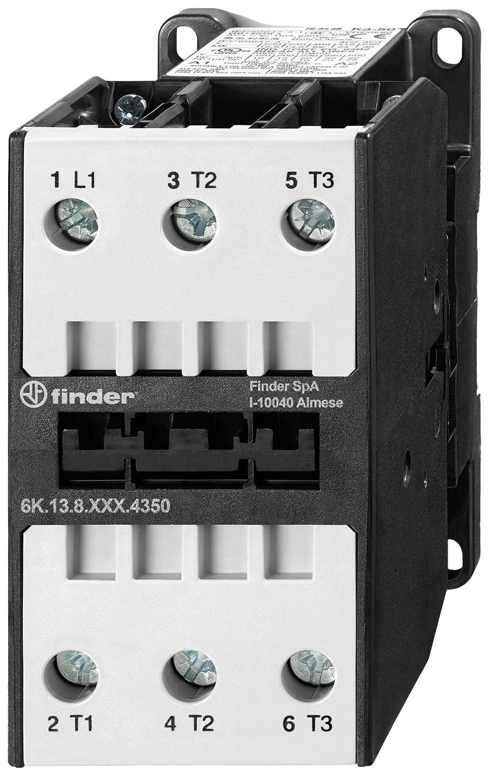 Ein schwarzer und weißer elektrischer Schütz von Finder mit mehreren Anschlussklemmen, geeignet für industrielle Anwendungen.
