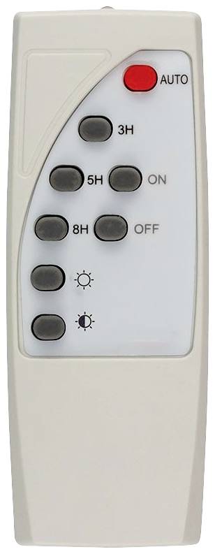 Eine Fernbedienung mit Tasten für 'AUTO', '3H', '5H', '8H', 'ON', 'OFF' und Symbole für Helligkeitseinstellung.
