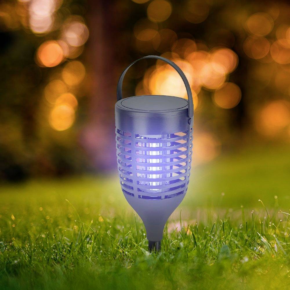 Eine tragbare Laterne leuchtet auf einer Wiese. Sie hat einen Metallrahmen und strahlt blaues Licht aus. Im Hintergrund sind unscharfe, orangefarbene Lichter zu sehen.