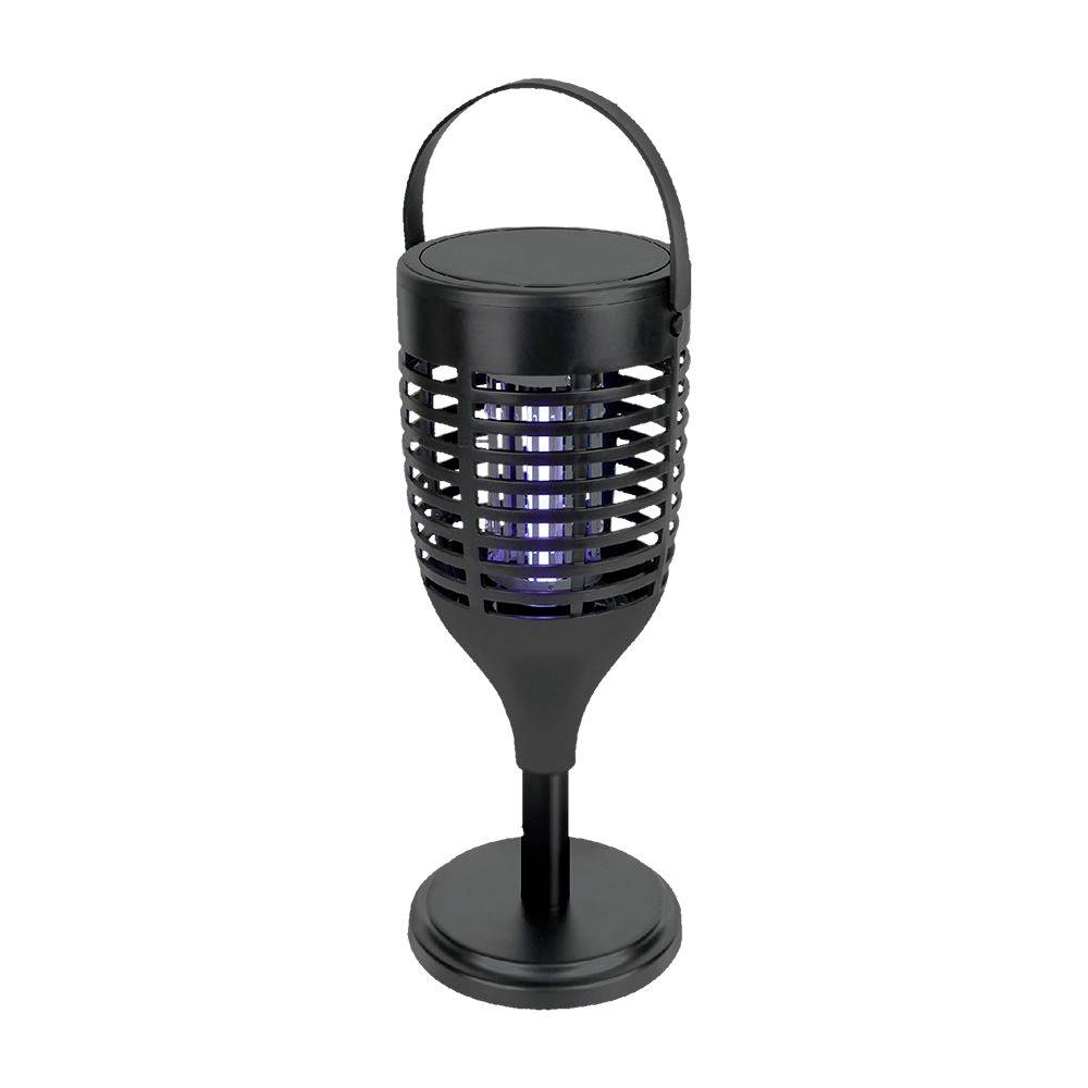 Elektrische Insektenfalle in Form einer schwarzen Laterne mit Griff. Ideal für den Garten oder Terrassen, um Insekten anzulocken und zu eliminieren.